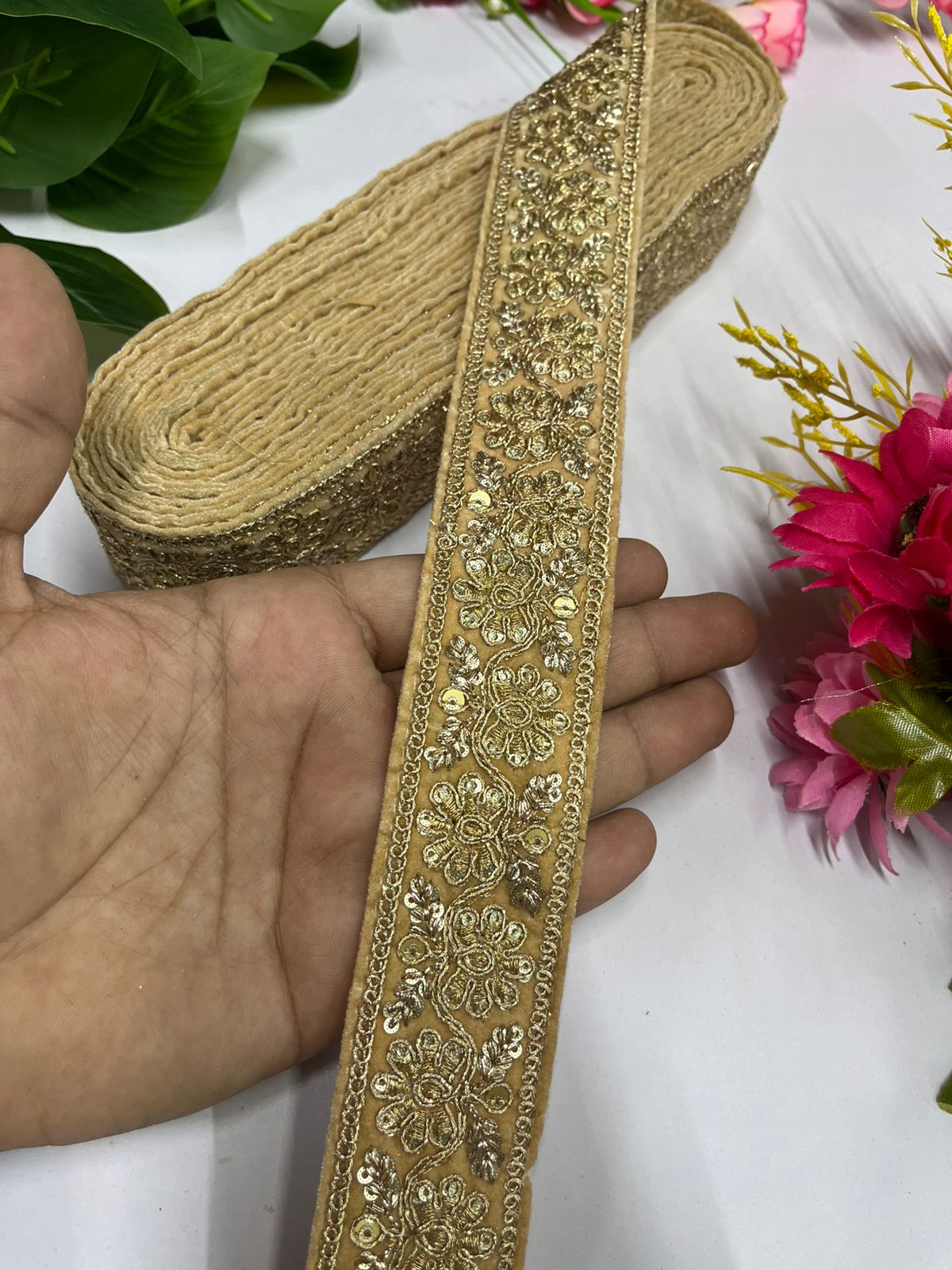 Velvet Saree and Dupatta Lace | Gold Embroidered Velvet Fabric Designer Lace (9 Mtr) | Gold