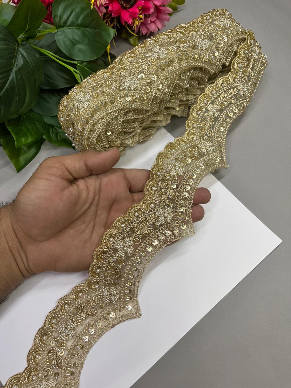 Cutdana Work Scalloped Zari Lace – Premium 2 Inch Gold Embroidered Decorative Border for Bridal & Festive Wear (9 Meter) | Gold