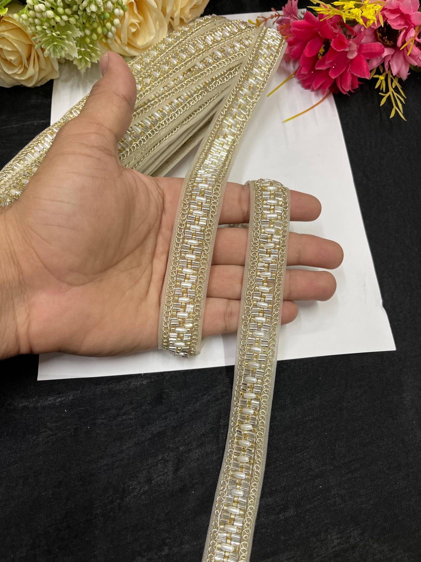 Delicate Pearl Work Designer Saree Laces – 9 Meters, 1-Inch Maggam Work Border for Sarees, Lehengas & Dupattas | Gold