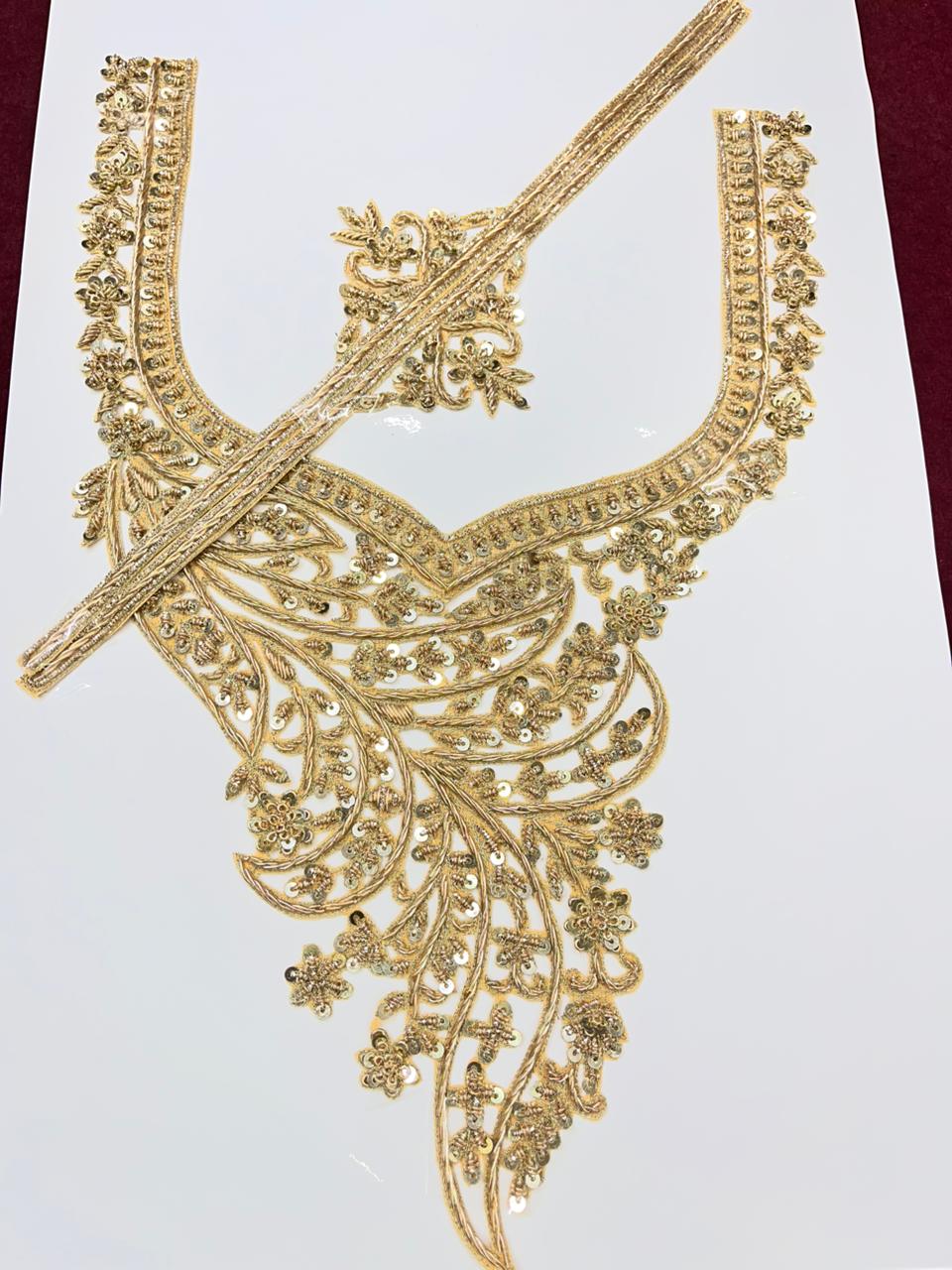 Handcrafted Zardosi Neck Patch – Premium Designer Embellished Neck Applique for Blouses, Kurtis & Ethnic Wear | Golden