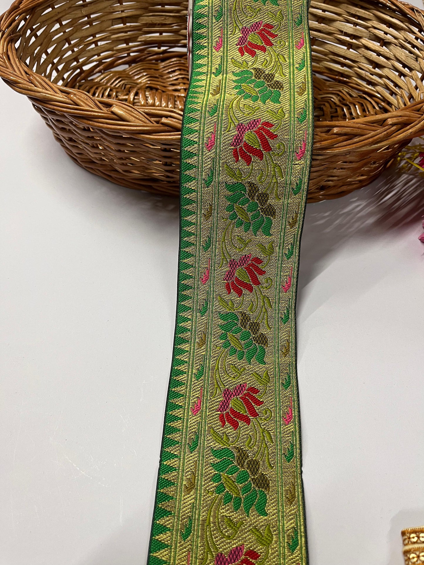 Flower & Leaf Banarasi Saree Lace | Banarasi Lace – 9 Meters, 3-Inch Width | Green