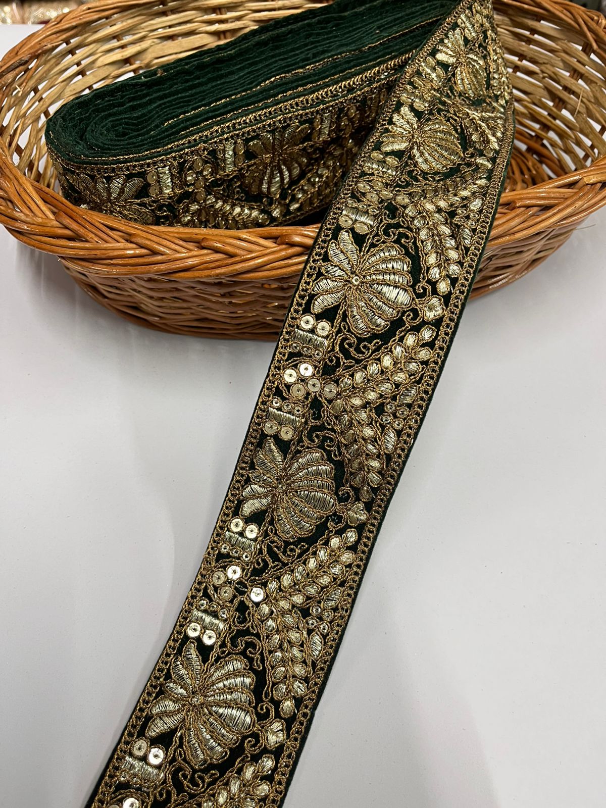 Velvet Lace Design with Zari Work Lace Reel for Dupatta, Kurtis, Suits, Bags, and Lehengas (9 Mtr) | Green