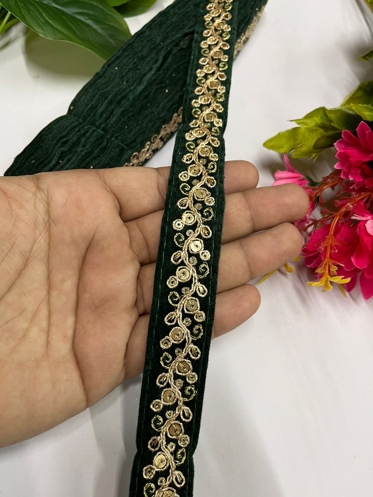 Velvet Embroidered Lace Trim | Saree Border, Craft, Velvet Fabric Lace (9 Mtr) | Green