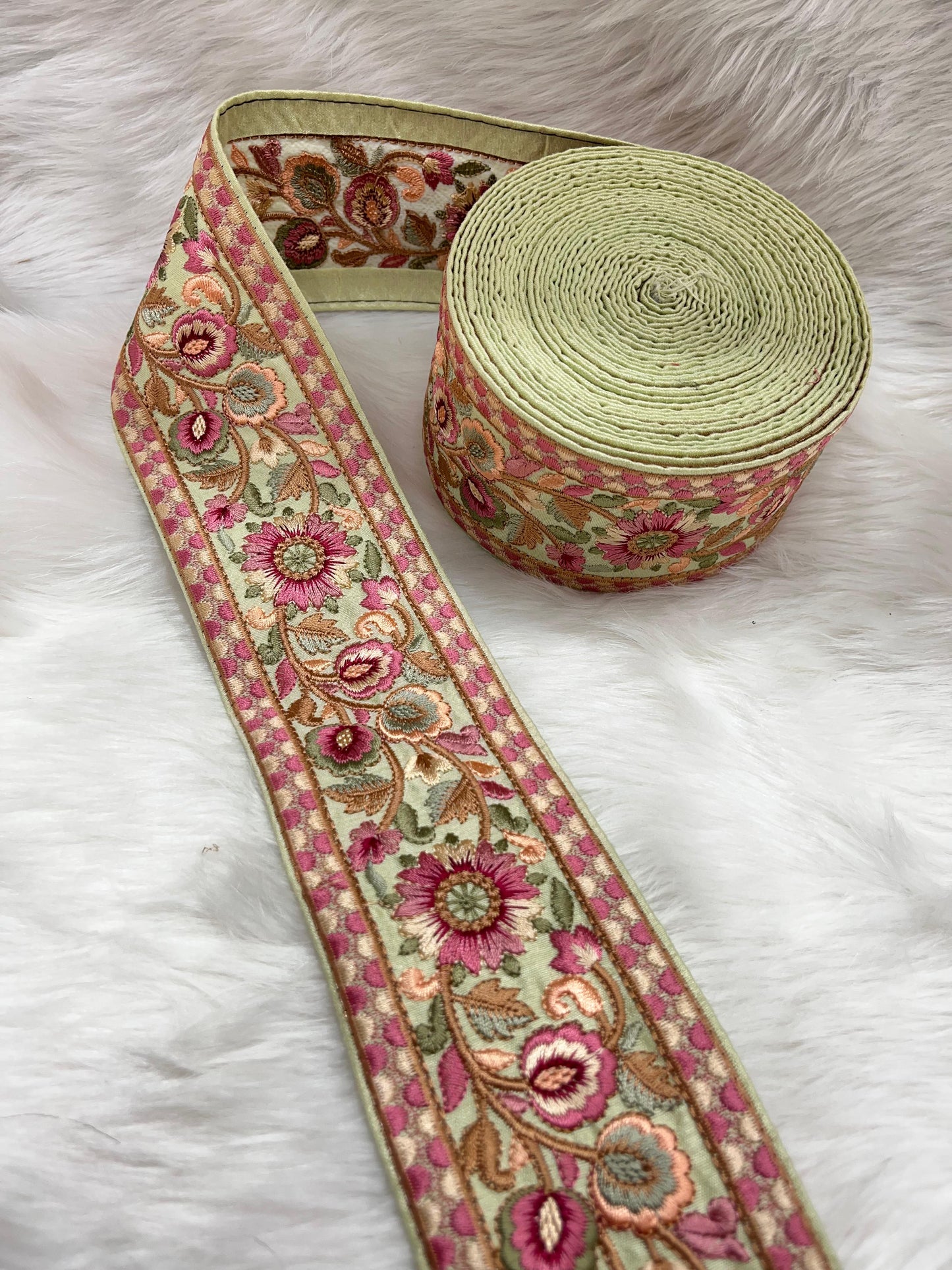Beautiful Thread Work Parsi Lace Trim – Timeless Elegance, 9 Meters, 3-Inch Width | Green