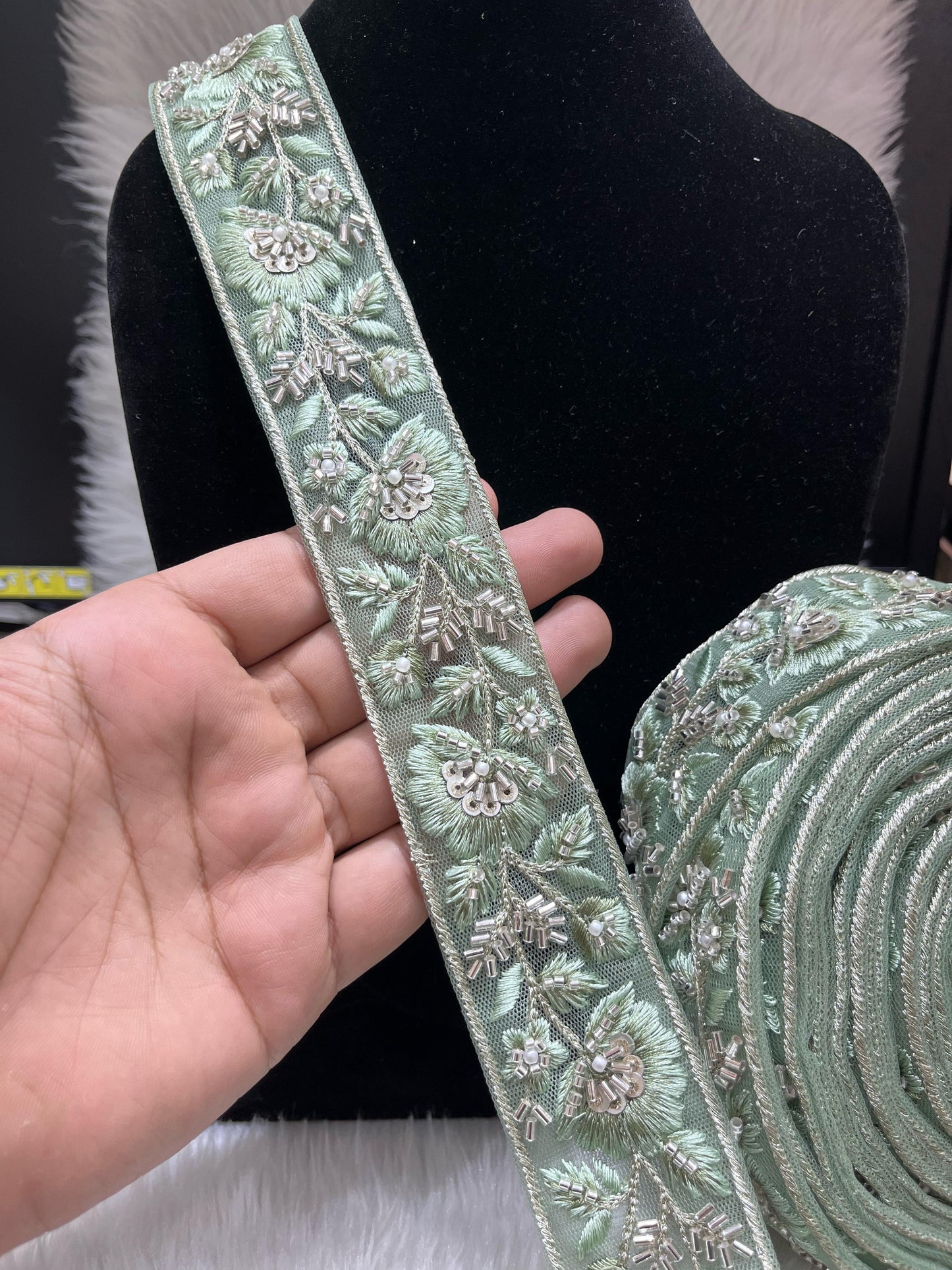 Thread and Cutdana Work Saree Lace | Embroidered Lace for Saree, Dupatta, Lehenga – 9 Meters, 1.5-Inch Width | Green