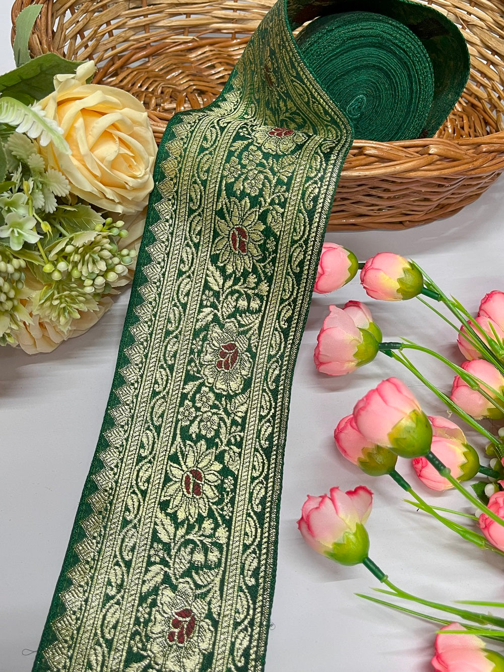 Original Flower Banarasi Border – 9 Meter, 3 Inch Width – Traditional Banarasi Lace, Green