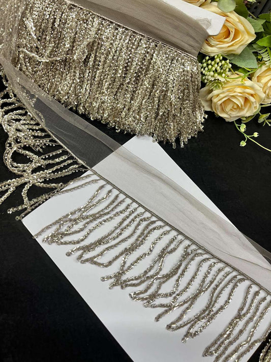 Sequence Fringe Lace | Western Imported Lace | Tassels Lace – Premium Designer Border Trim for Sarees, Lehengas & Gowns (9 Meter, 4 Inch Width) | Grey
