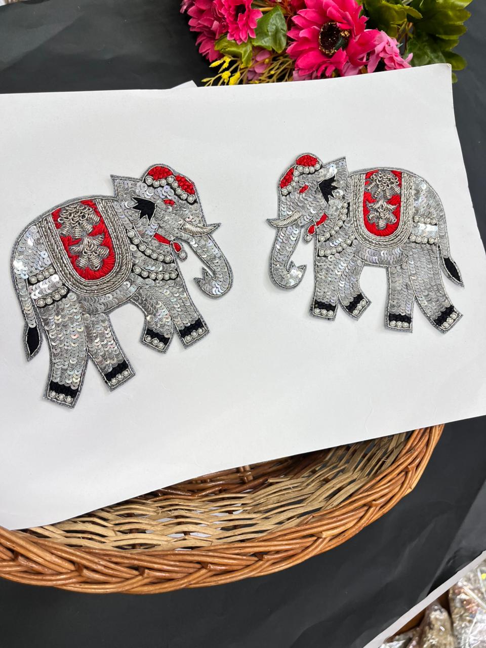 Handcrafted Elephant Patches (Set of 2 Pieces) – Premium Designer Embellishment | Grey Red