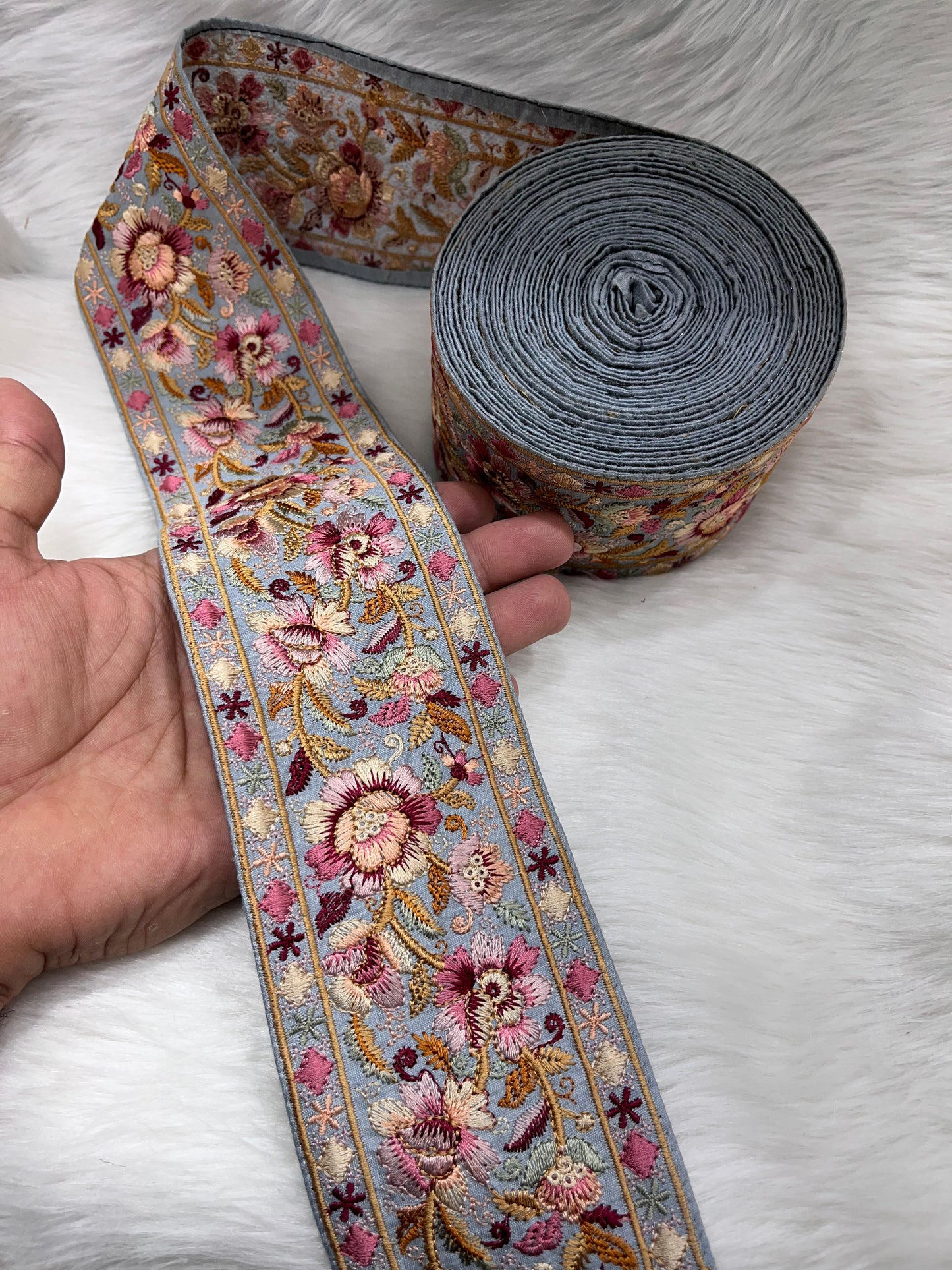 Beautiful Thread Work Parsi Lace Trim – Timeless Elegance, 9 Meters, 3-Inch Width | Grey