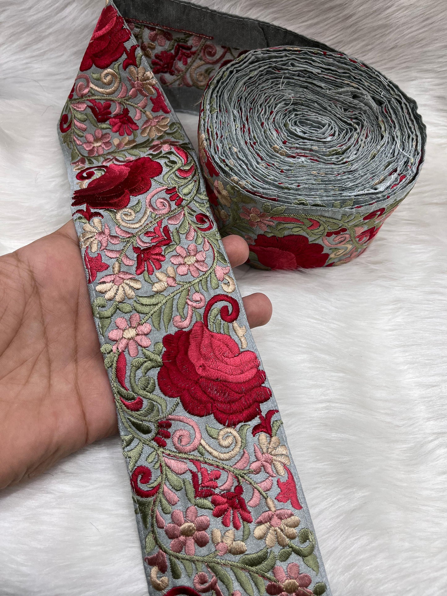 Beautiful Thread Work Parsi Lace Trim – Timeless Elegance, 9 Meters, 3-Inch Width | Grey