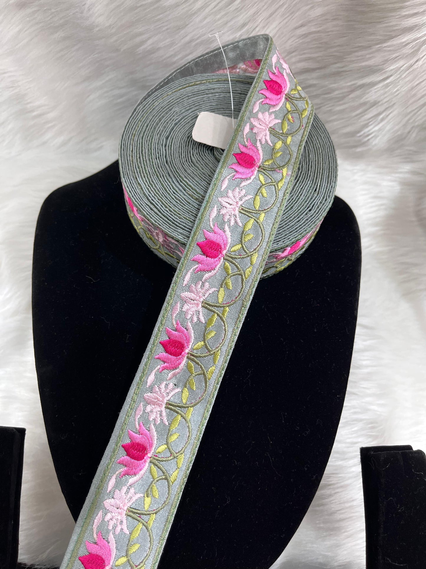 Parsi Work Flower Thread Embroidered Lace – 9 Meters, 1.5-Inch Width, Handcrafted Border Trim | Gray