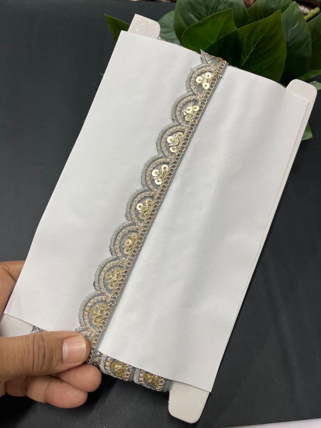 Gold Sequin Embroidered Lace on Net Fabric – Tone-to-Tone Design for Sarees, Dresses & Crafts – 9 Meter | Grey