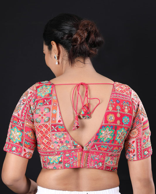 Embellished V-Neck Multicoloured Embroidered Readymade Saree Blouse – Stylish Padded Blouse