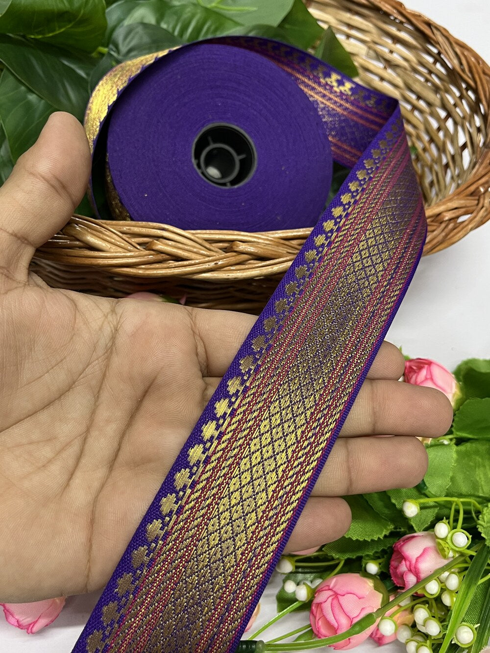 Beautiful Banarasi Border Lace – 9 Meter, 1.5 Inch Width – Traditional Embellished Trim, Purple