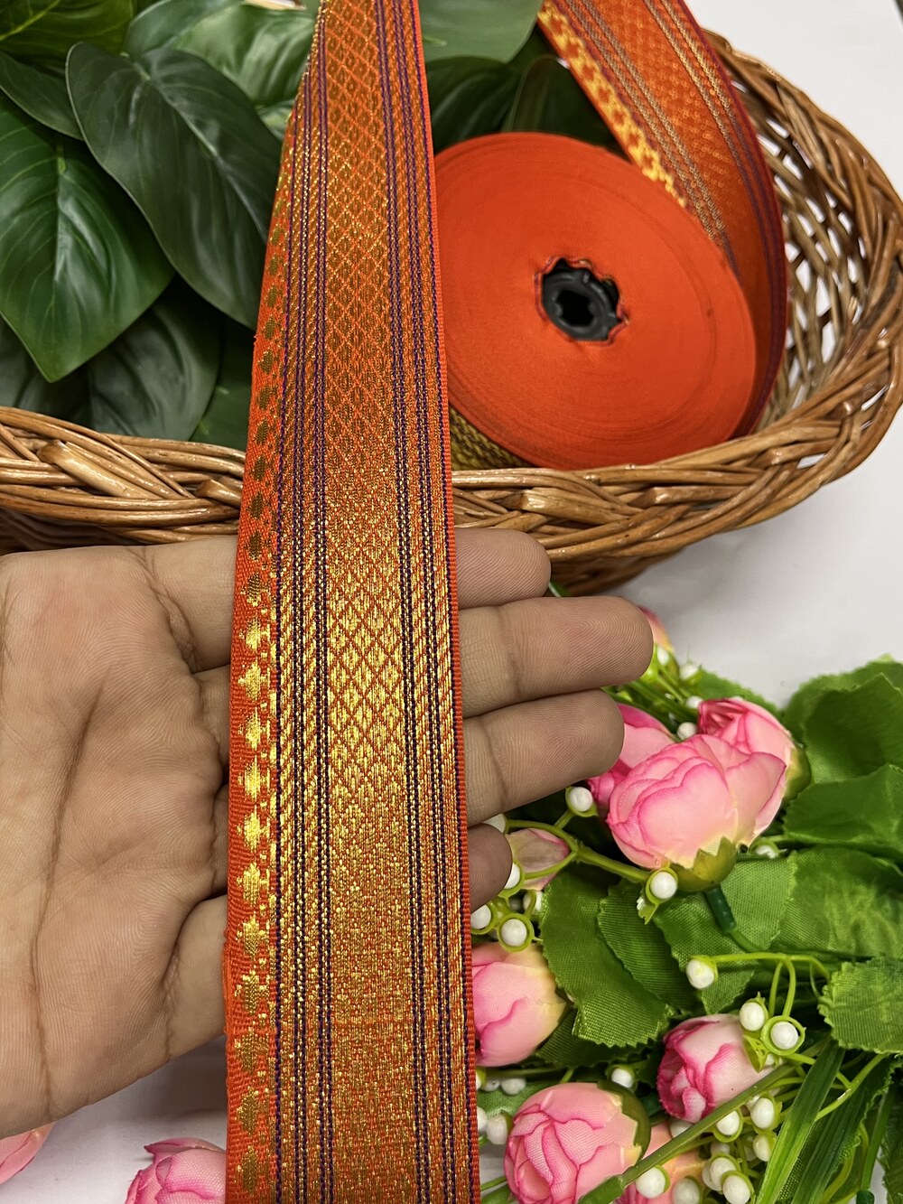 Beautiful Banarasi Border Lace – 9 Meter, 1.5 Inch Width – Traditional Embellished Trim, Orange