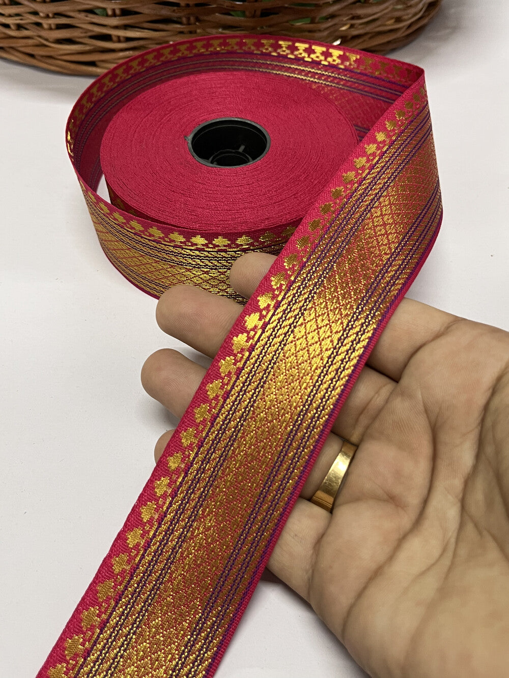 Beautiful Banarasi Border Lace – 9 Meter, 1.5 Inch Width – Traditional Embellished Trim, Tomato