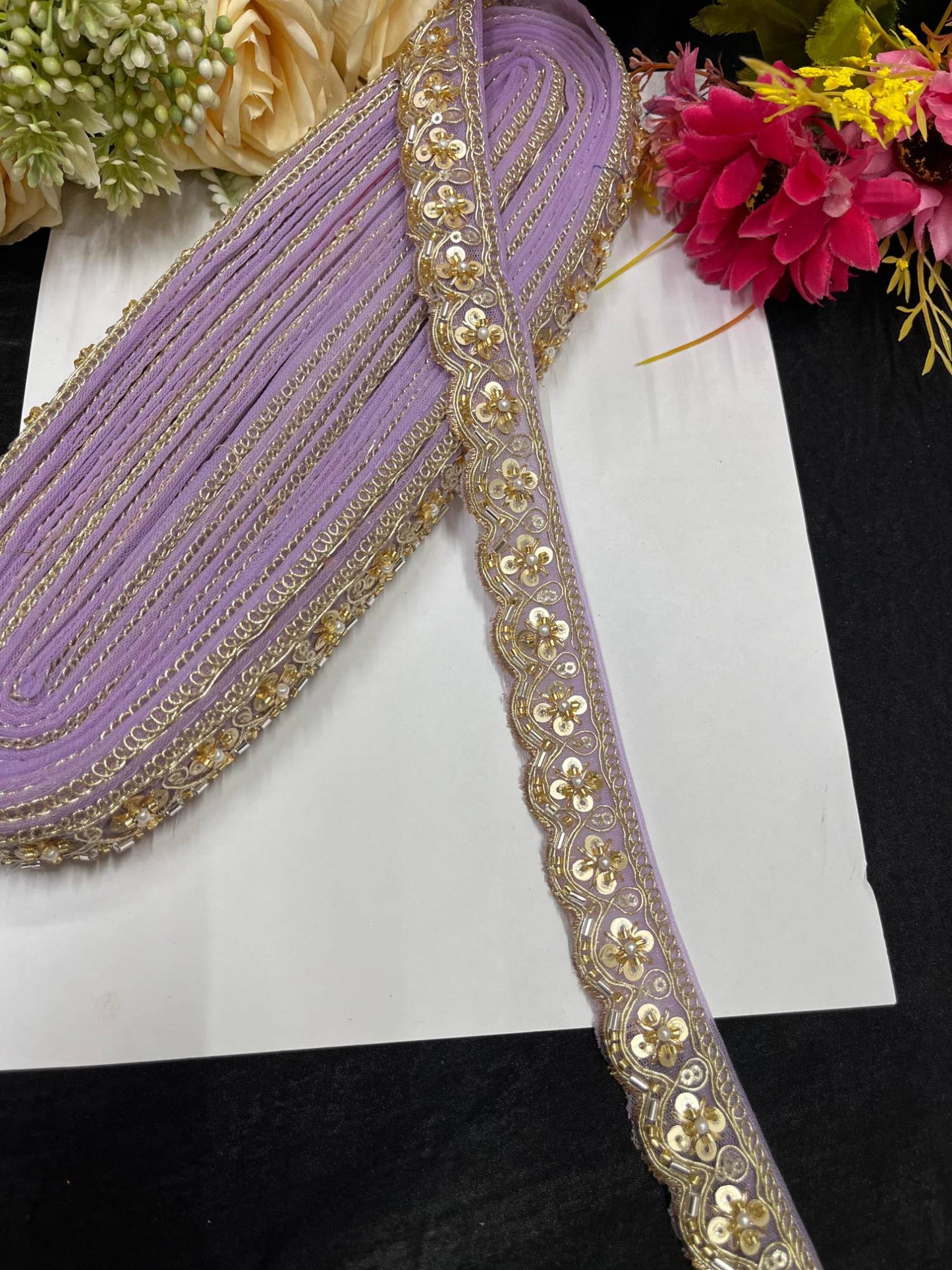 Handcrafted Katdana Saree Laces – 9 Meters, 1-Inch Maggam Work Embellished Border for Sarees, Lehengas & Dupattas | Lavender