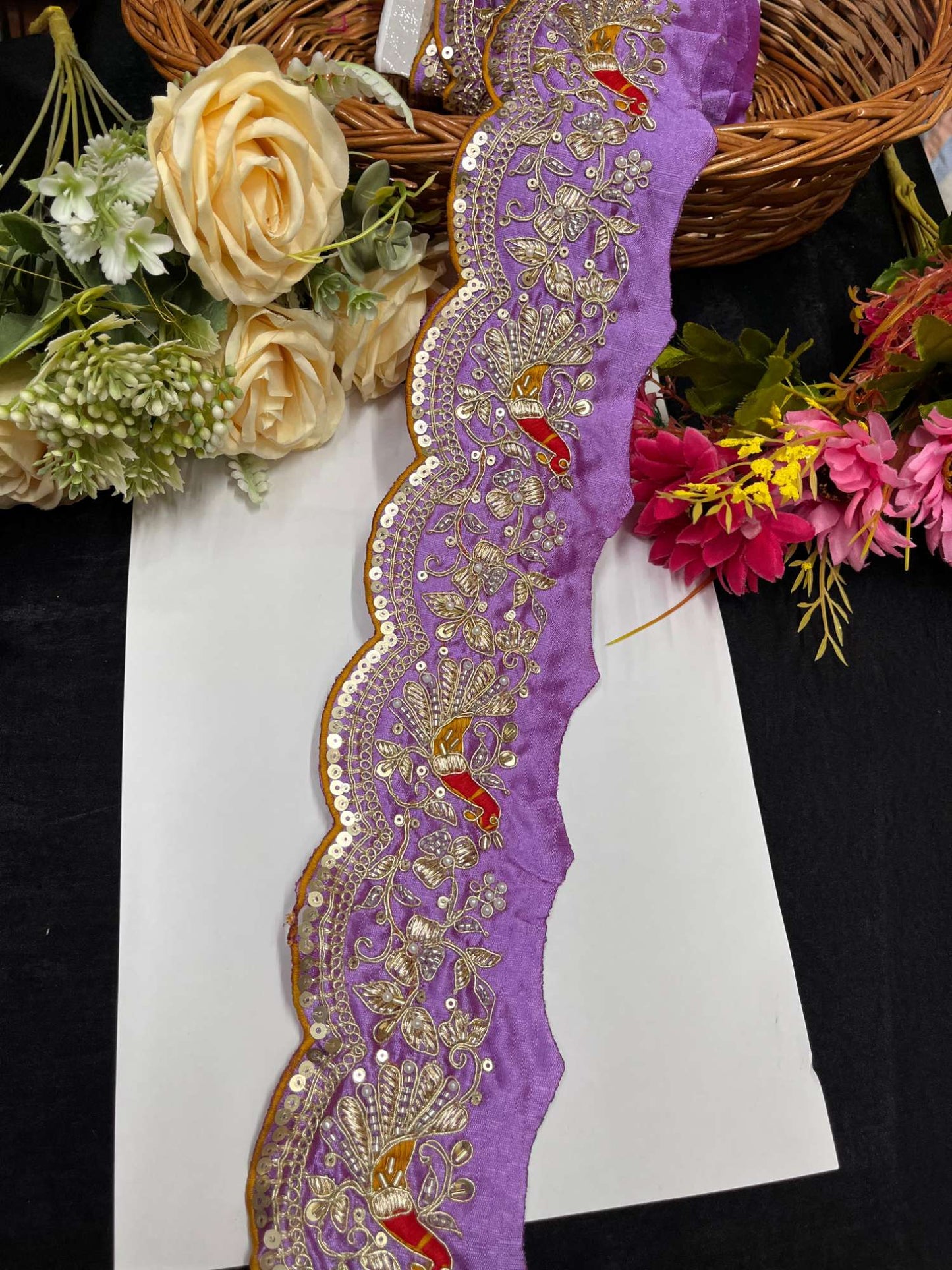 Exclusive Peacock Face Maggam Work Saree Laces – 9 Meters, 3-Inch Embroidered Border for Sarees, Lehengas & Dupattas | Lavender