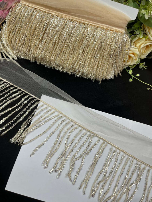 Sequence Fringe Lace | Western Imported Lace | Tassels Lace – Premium Designer Border Trim for Sarees, Lehengas & Gowns (9 Meter, 4 Inch Width) | Light Gold