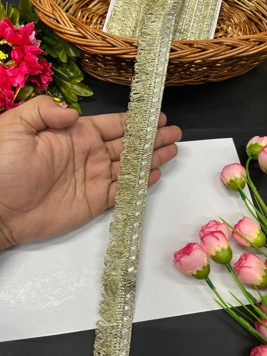 Fringe Lace | Zalar Lace | Dulhan Dupatta Zalar Lace – Traditional Latkan Border Trim for Bridal & Festive Wear (9 Meter, 1.25 Inch Width) | Light Gold