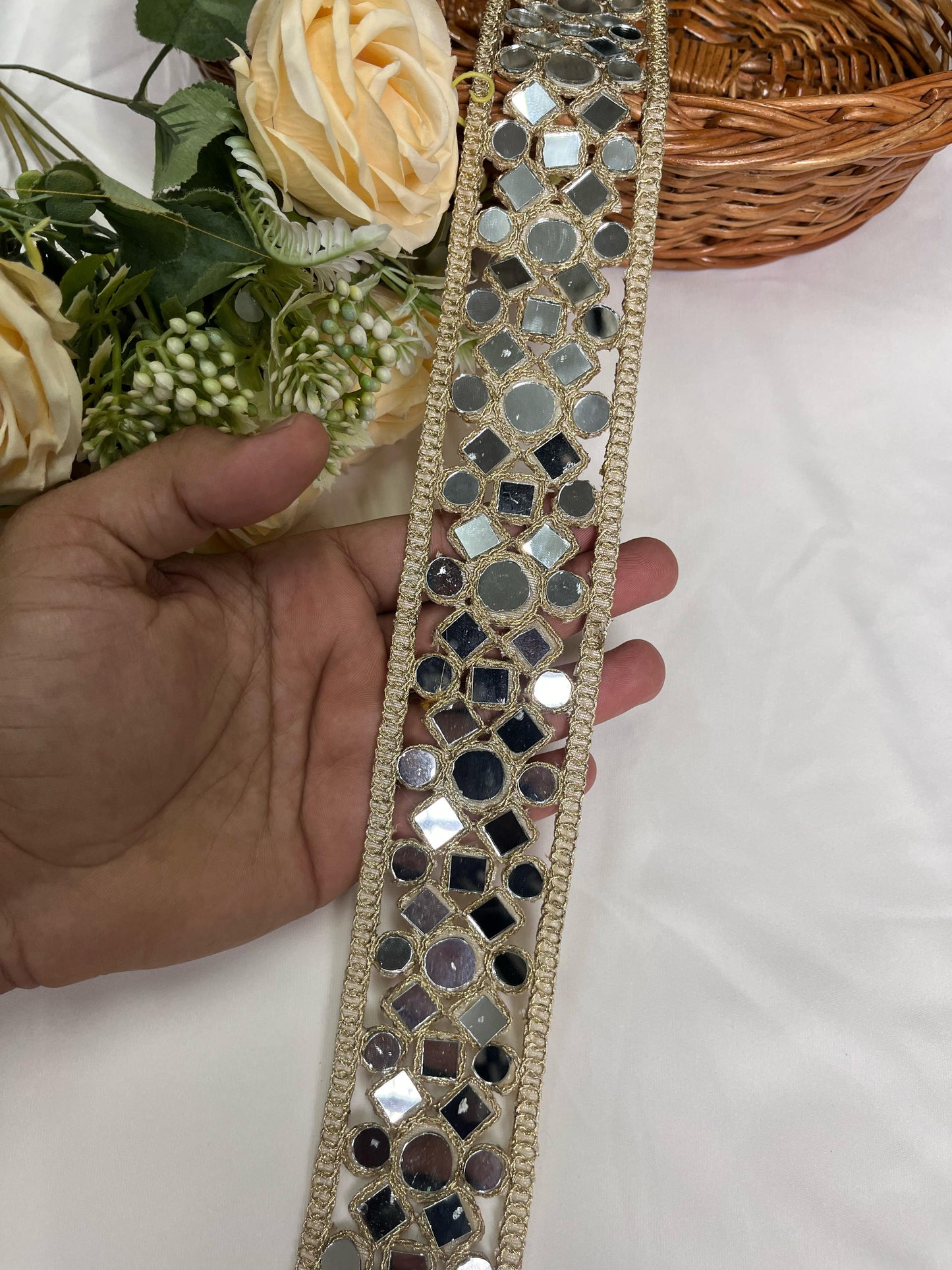 Cutwork Real Mirror Lace Border – 9 Meters, 2-Inch Handcrafted Decorative Trim for Sarees, Lehengas & Dupattas - Light Gold