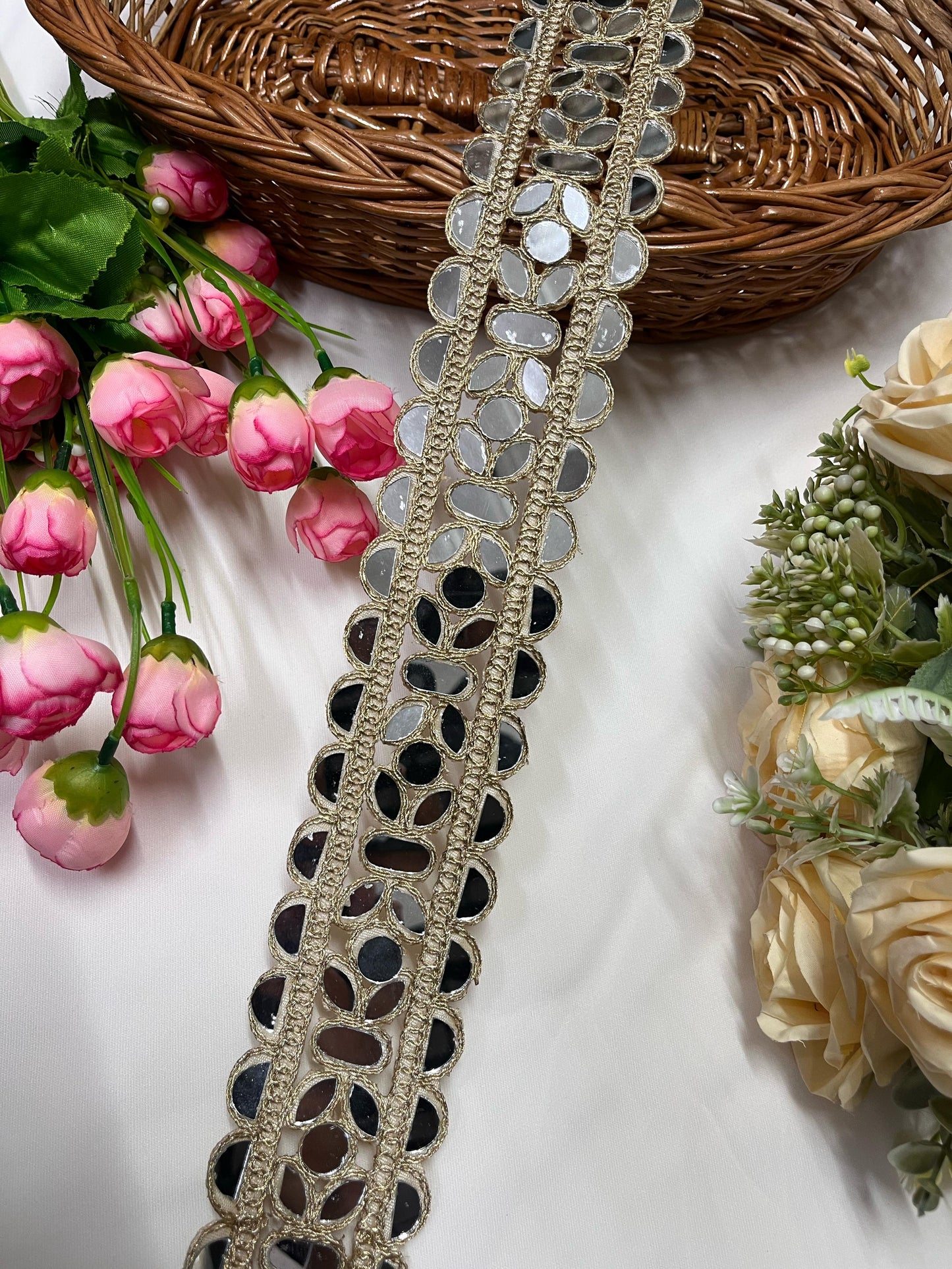 Cutwork Real Mirror Lace Border – 9 Meters, 2-Inch Heavy Mirror Embellished Trim for Sarees, Lehengas & Dupattas - Light Gold