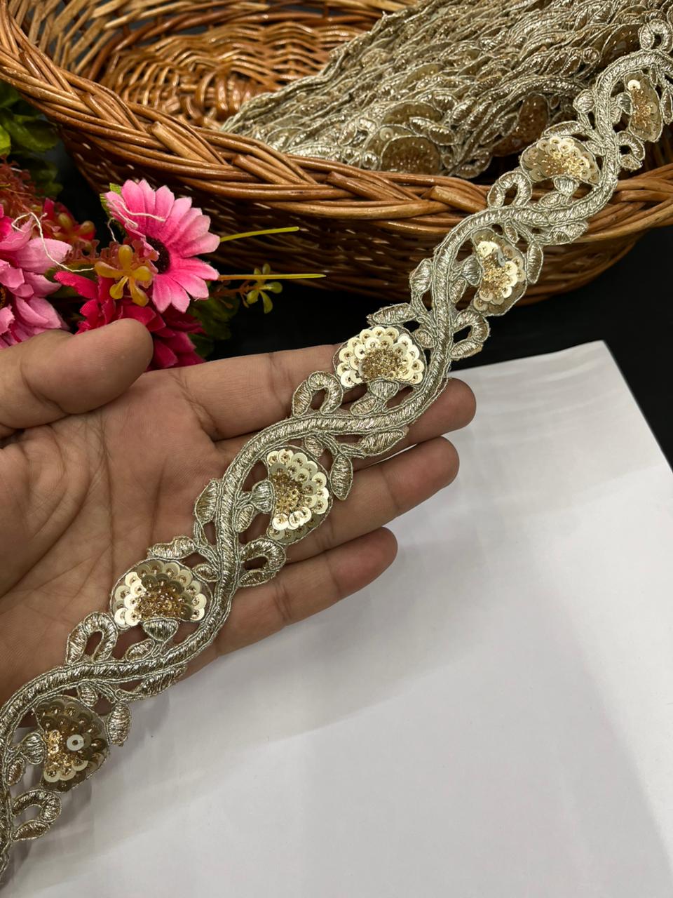 Beautiful Cutwork Zari Lace with Sequins – Premium Gold Embroidered Lace | Light Gold