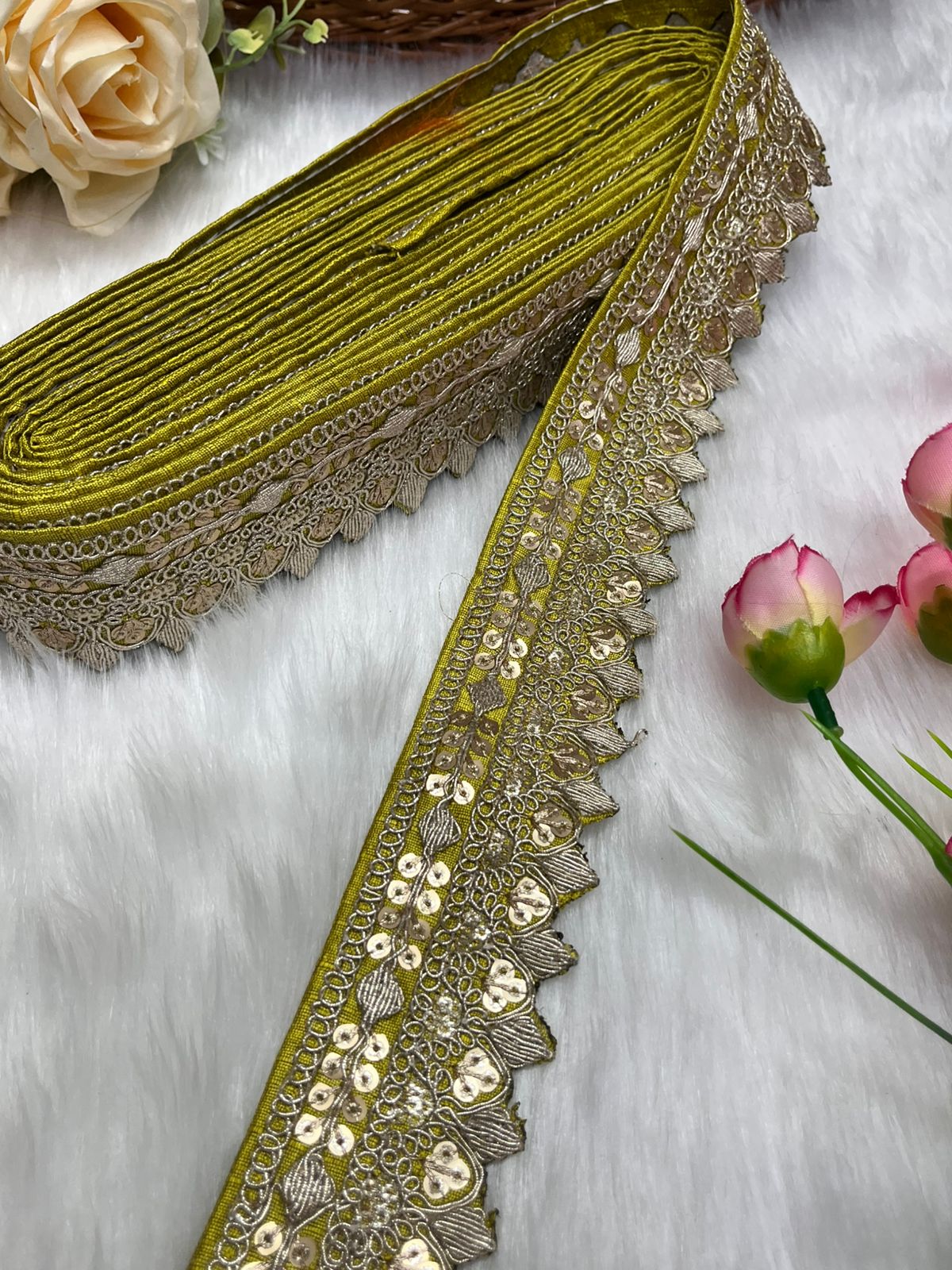 Beautiful Silk-Based Sequins Work Embroidery Trim - Elegant and Versatile | Light Mahendi