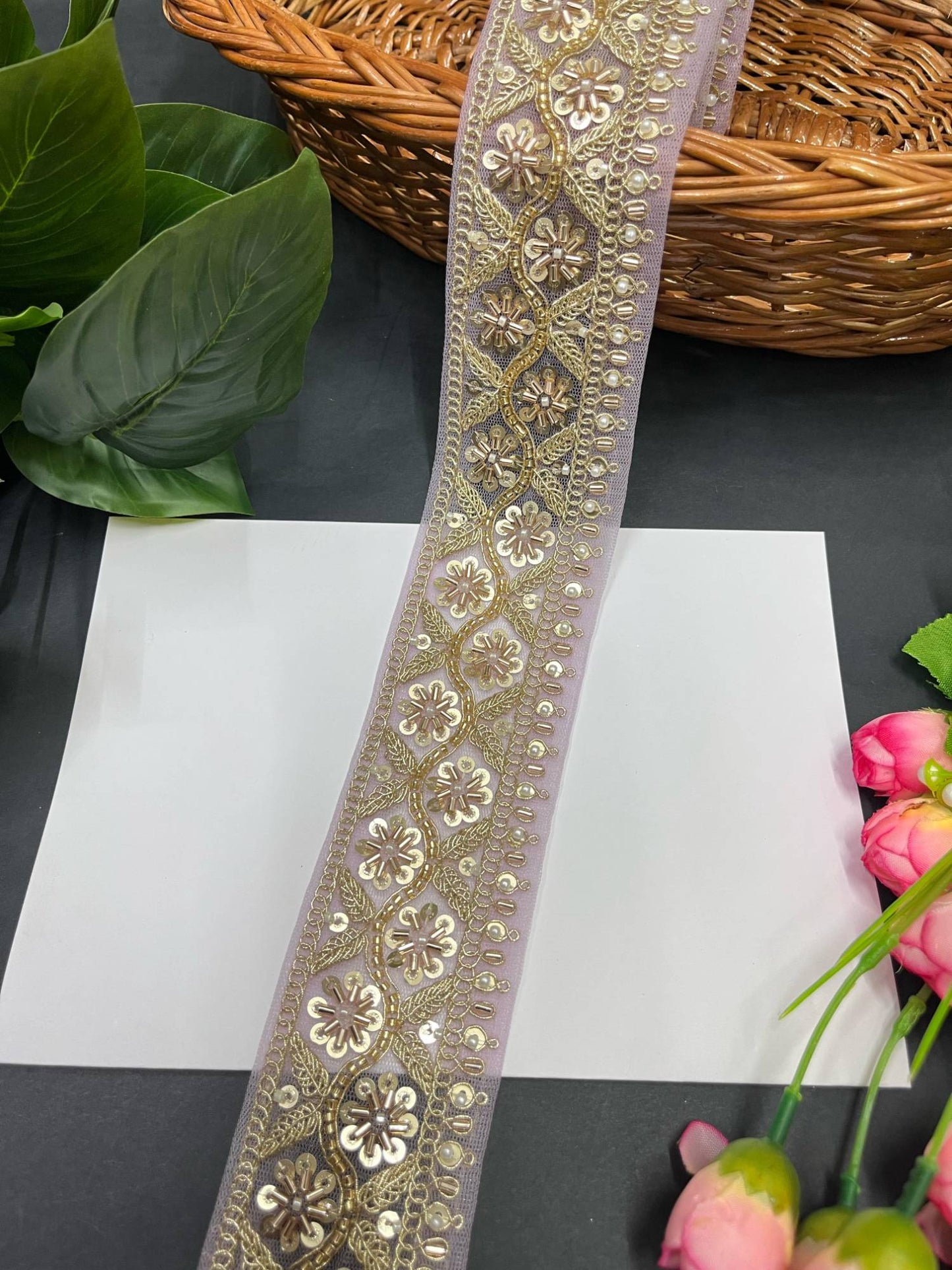 Katdana and Beaded Saree Lace – 9 Meters, 2.5-Inch Maggam Work Embroidered Border for Lehengas & Dupattas | Light Purple