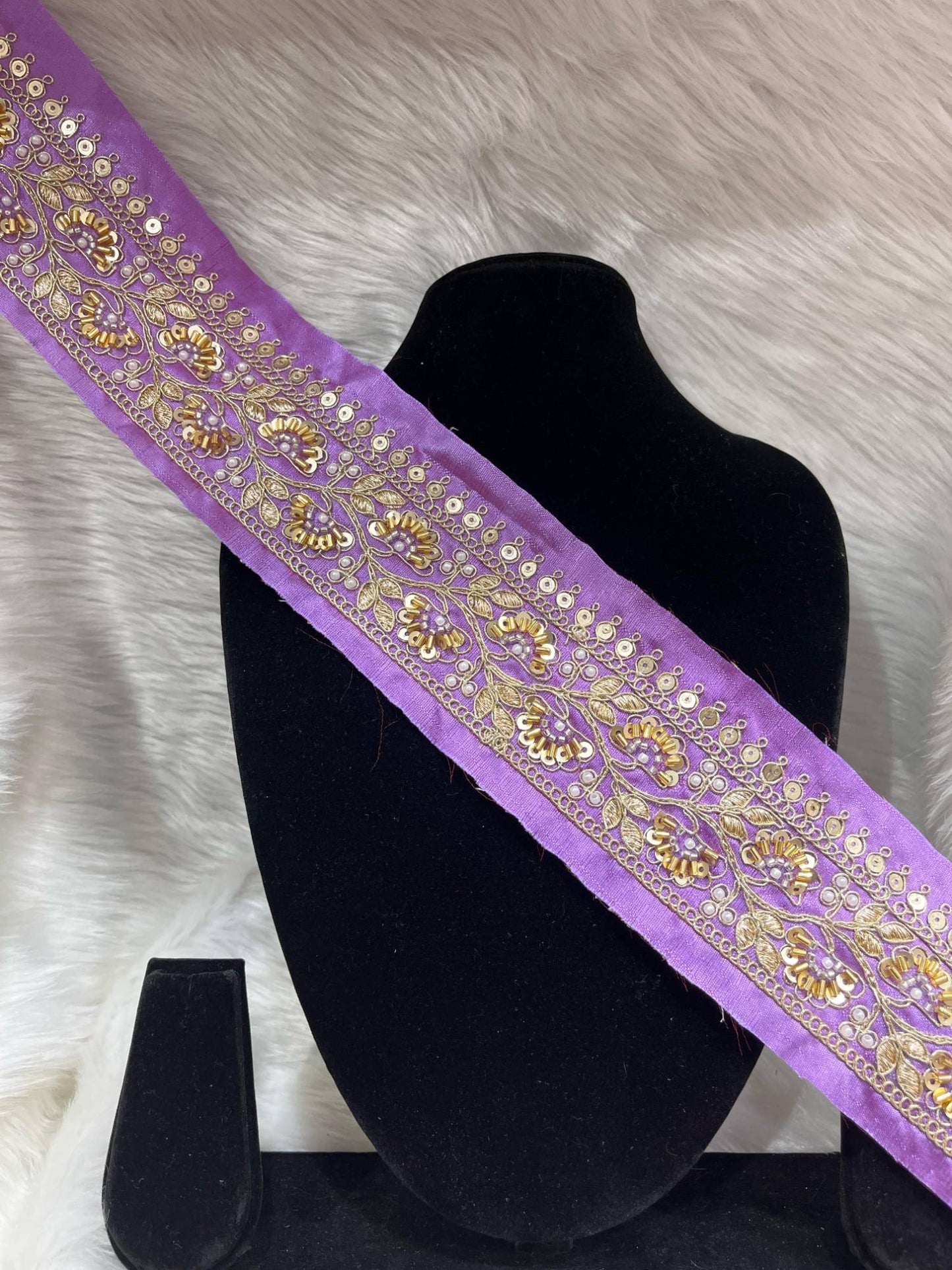 Exclusive Beaded Embroidered Lace – 9 Meters, 2-Inch Maggam Work Border Trim for Sarees & Lehengas | Light Purple