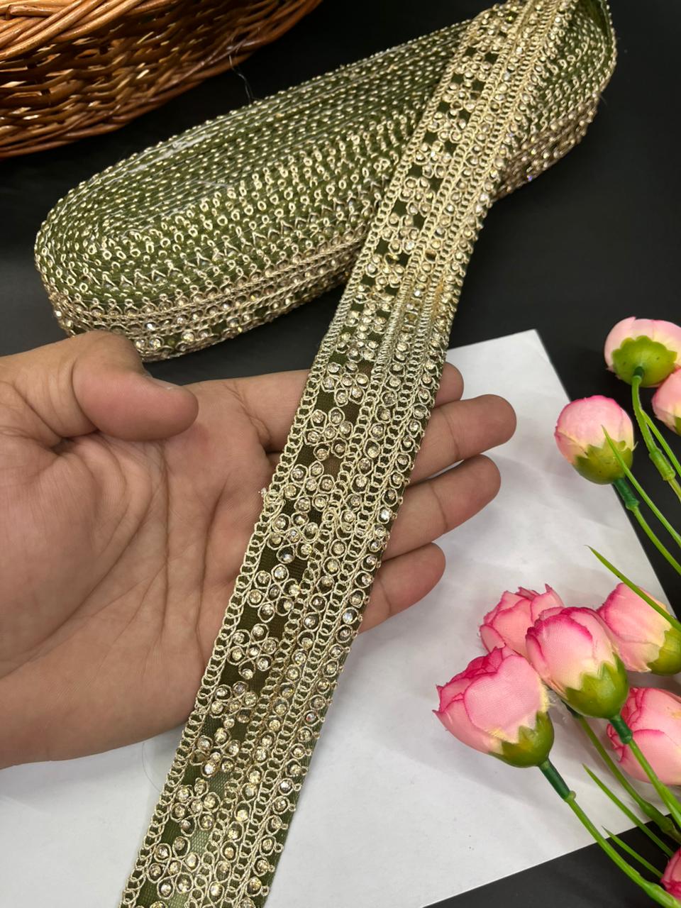 Gorgeous Diamond Work Lace & Borders – Premium Maggam Work Trim for Sarees, Lehengas & Dupattas (9 Meter, 2 Inch Width) | Mahendi