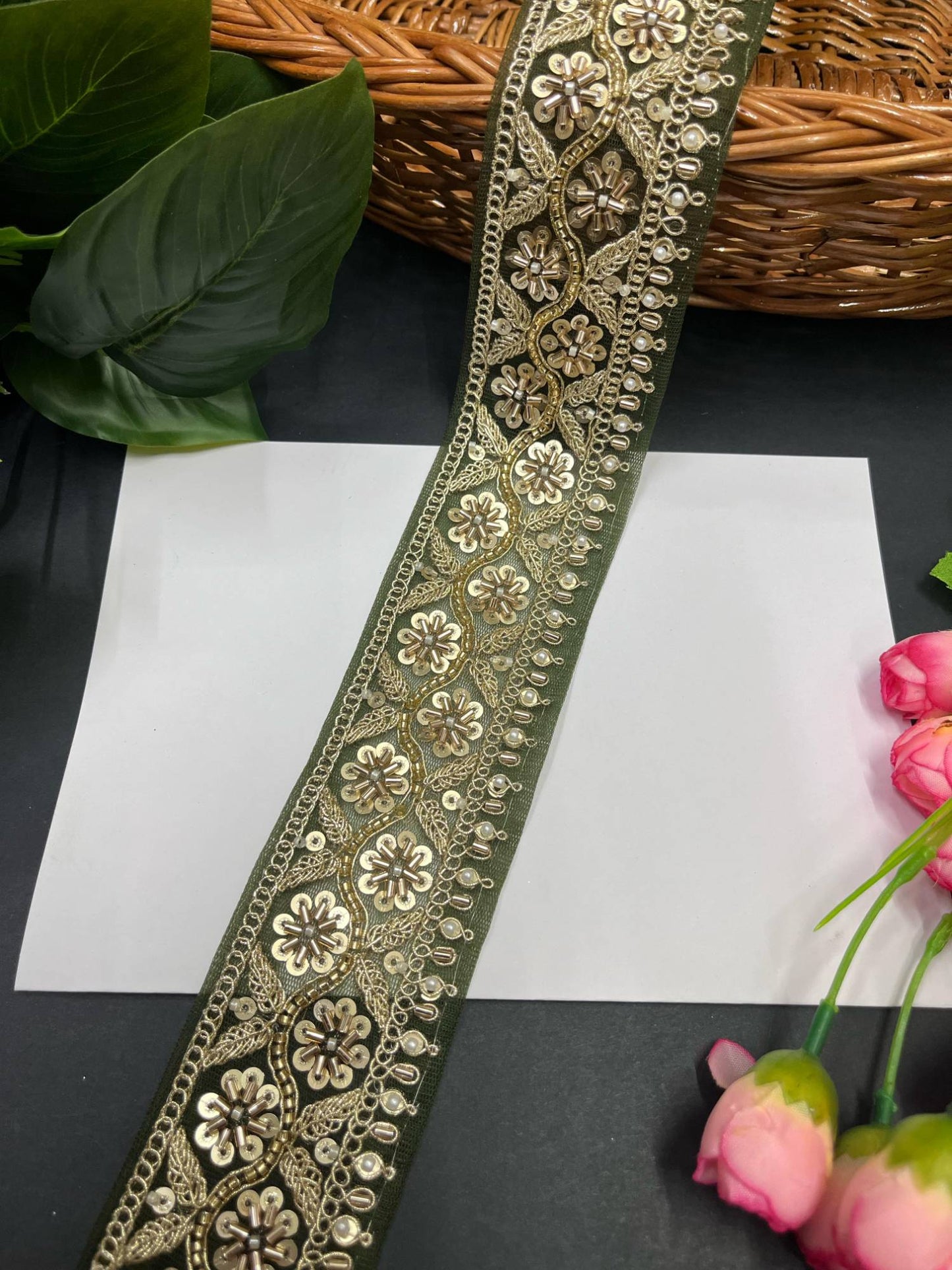 Katdana and Beaded Saree Lace – 9 Meters, 2.5-Inch Maggam Work Embroidered Border for Lehengas & Dupattas | Mahendi