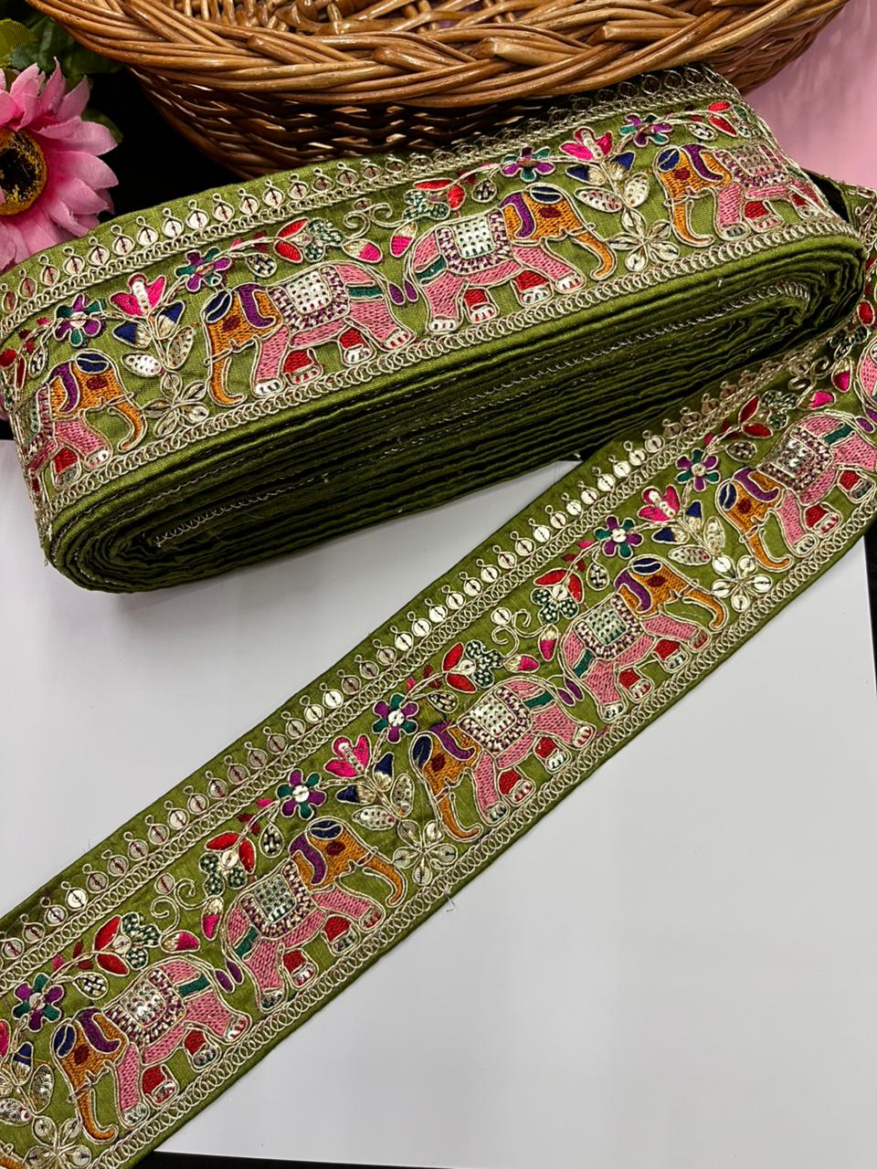 Beautiful Elephant Design Embroidered Zari Saree Lace – Premium Designer Embroidered Lace | Mahendi