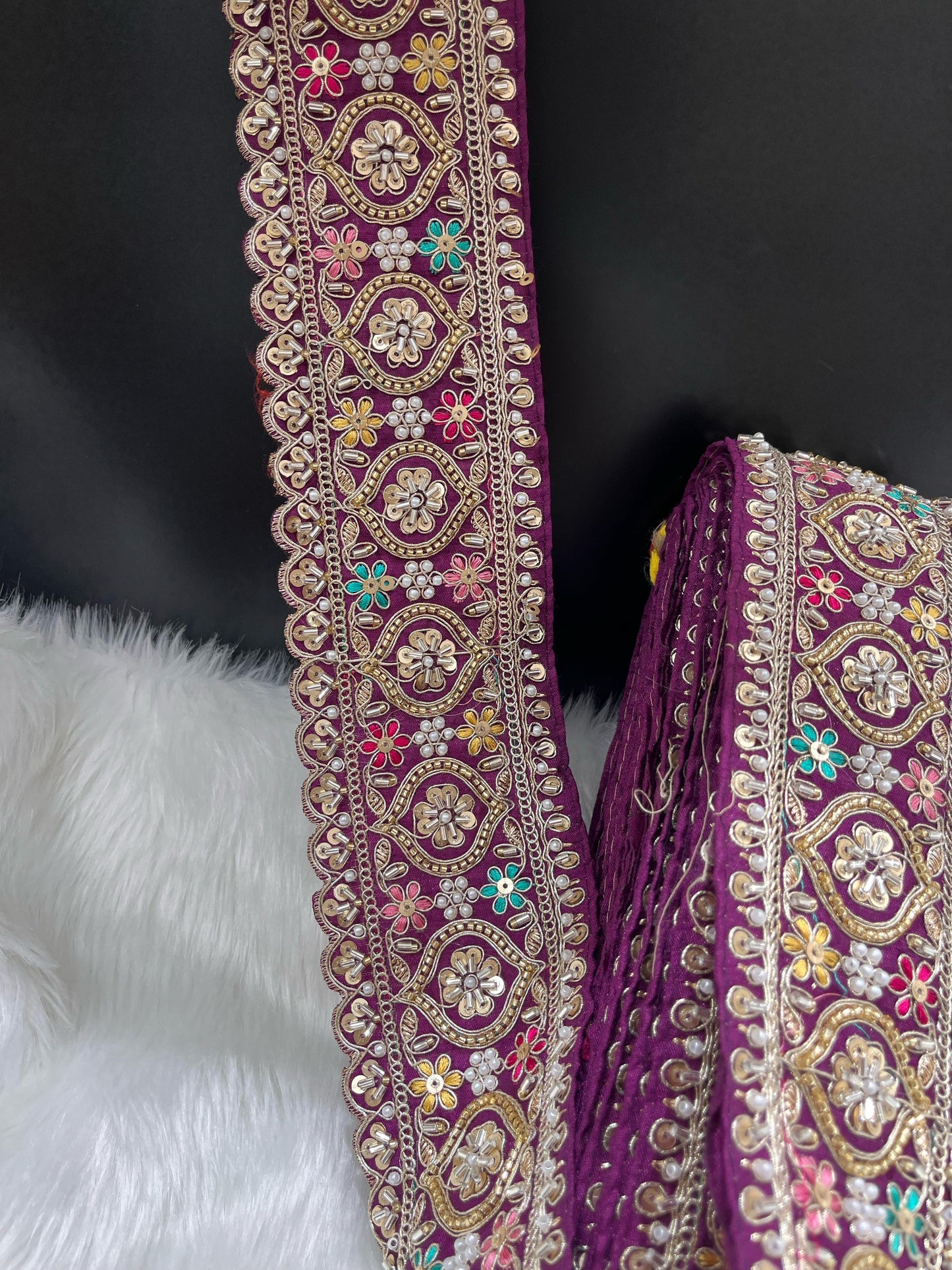 Vibrant Cutdana Beaded Embroidered Lace Border for Sarees and Lehengas – 9 Meters, 3-Inch Width | Majanta