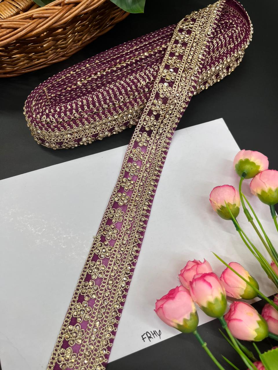 Gorgeous Diamond Work Lace & Borders – Premium Maggam Work Trim for Sarees, Lehengas & Dupattas (9 Meter, 2 Inch Width) | Majanta