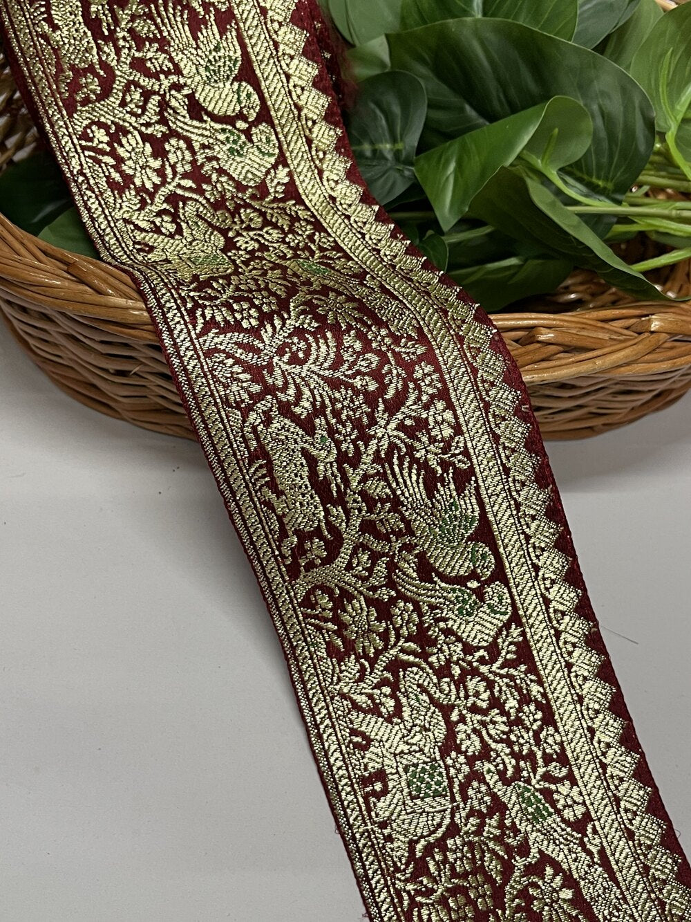 Elephant and Parrot Design Banarasi Border – 9 Meter, 3.5 Inch Width – Traditional Embellished Banarasi Lace, Maroon