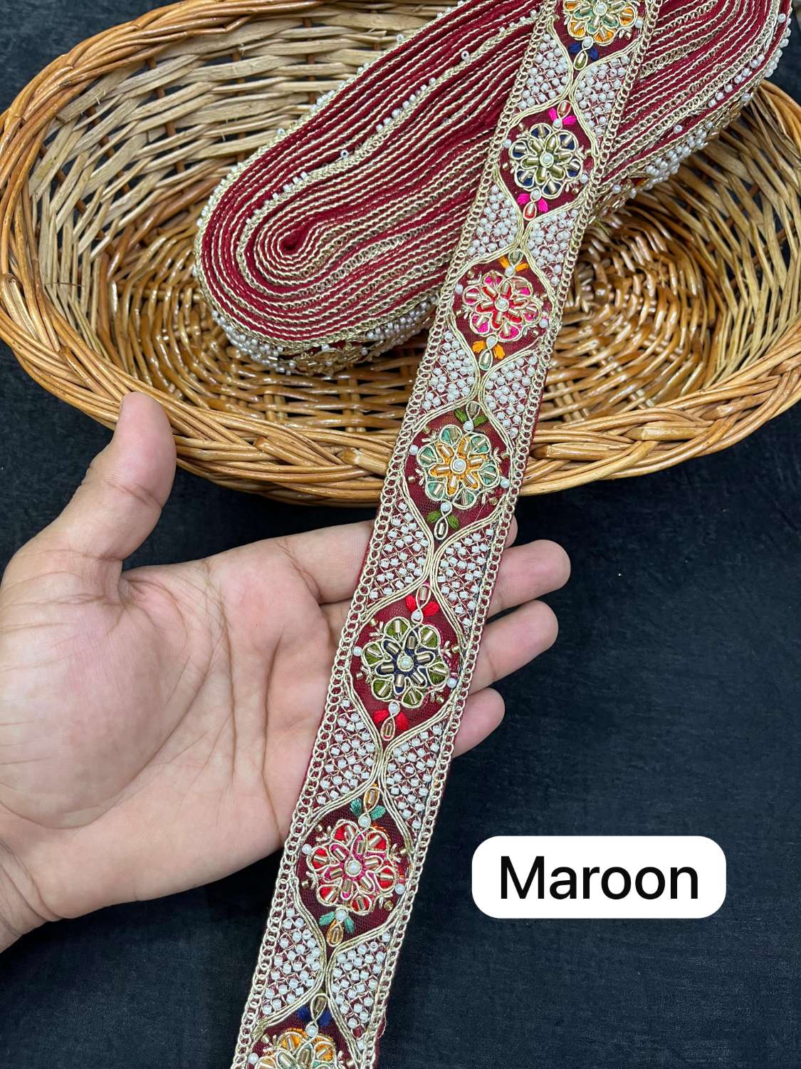 Multicoloured Bead Work Designer Lace on Net Fabric for Sarees & Lehengas (9 Meter) | Maroon
