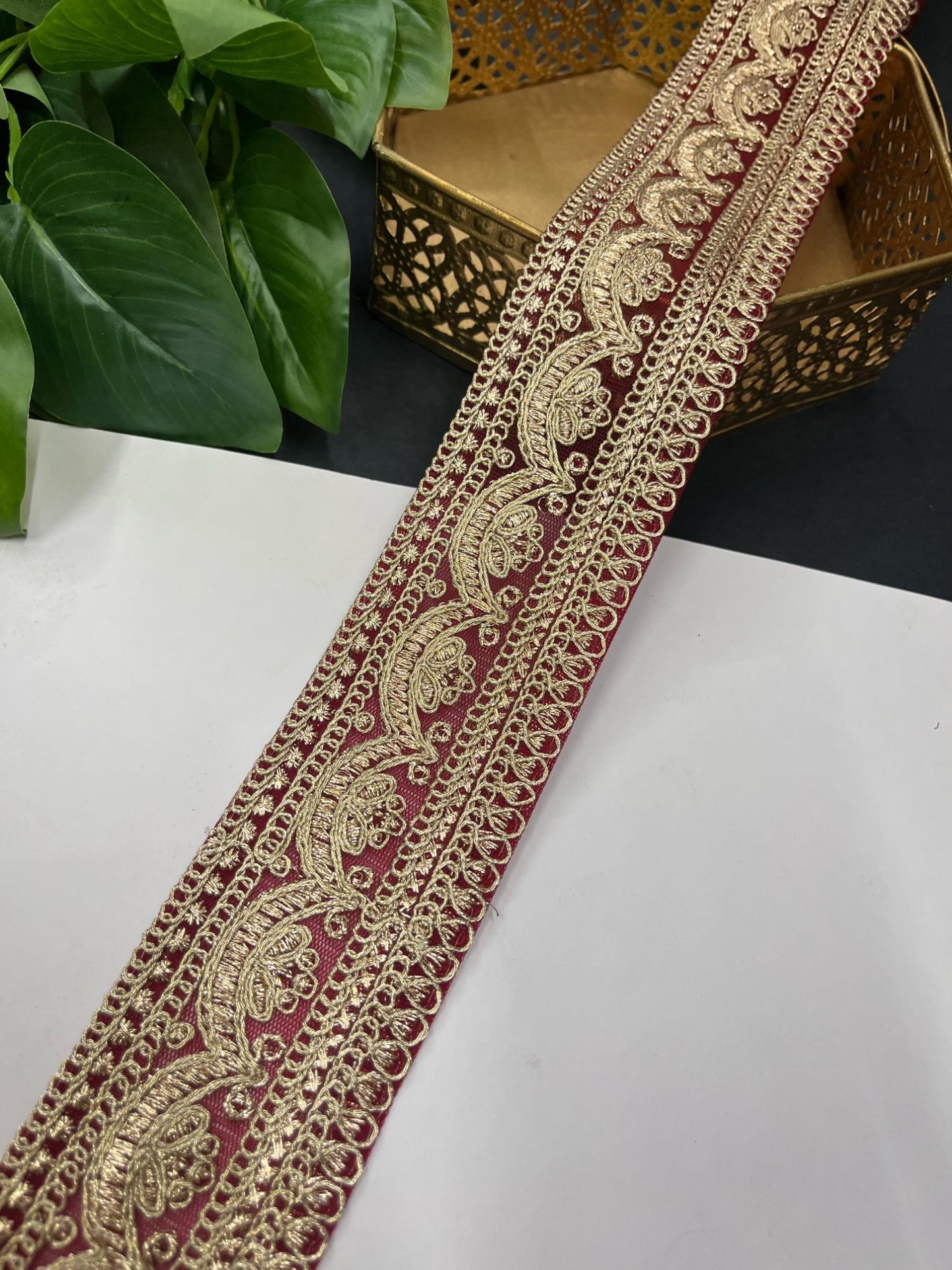 Embroidery Designer Lace on Net Fabric – 9 Meters, 2.5-Inch Width | Maroon