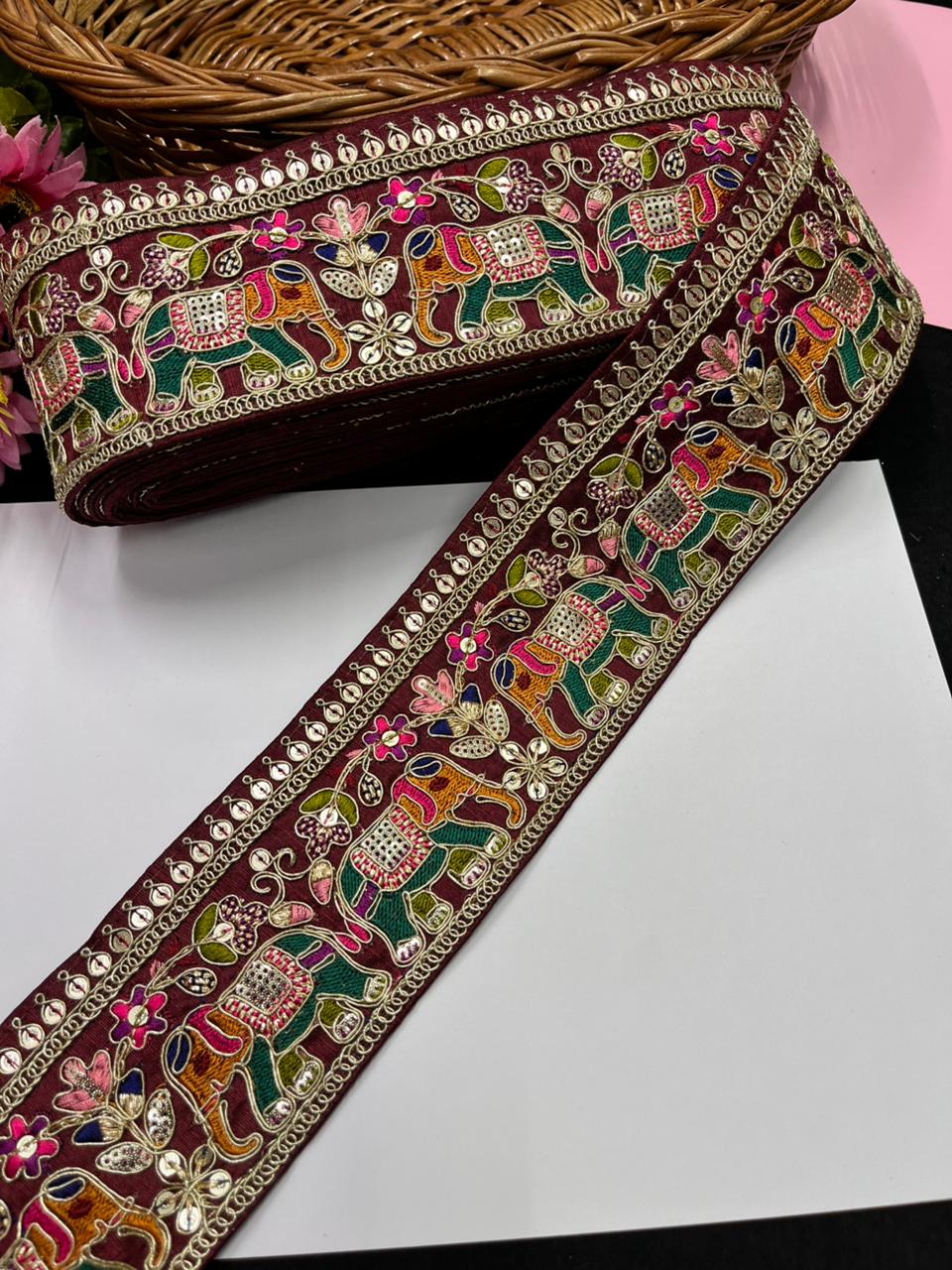Beautiful Elephant Design Embroidered Zari Saree Lace – Premium Designer Embroidered Lace | Maroon