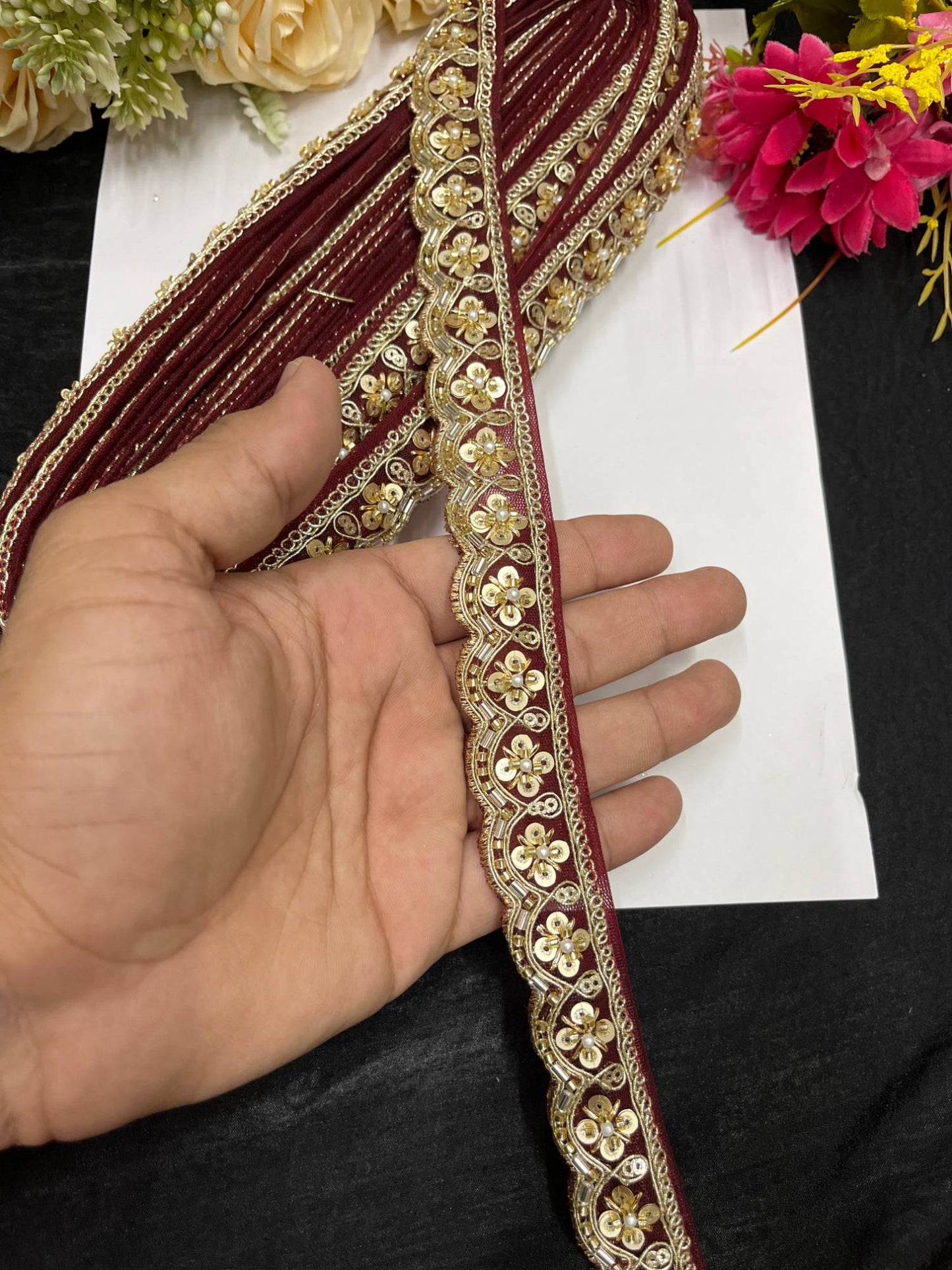 Handcrafted Katdana Saree Laces – 9 Meters, 1-Inch Maggam Work Embellished Border for Sarees, Lehengas & Dupattas | Maroon
