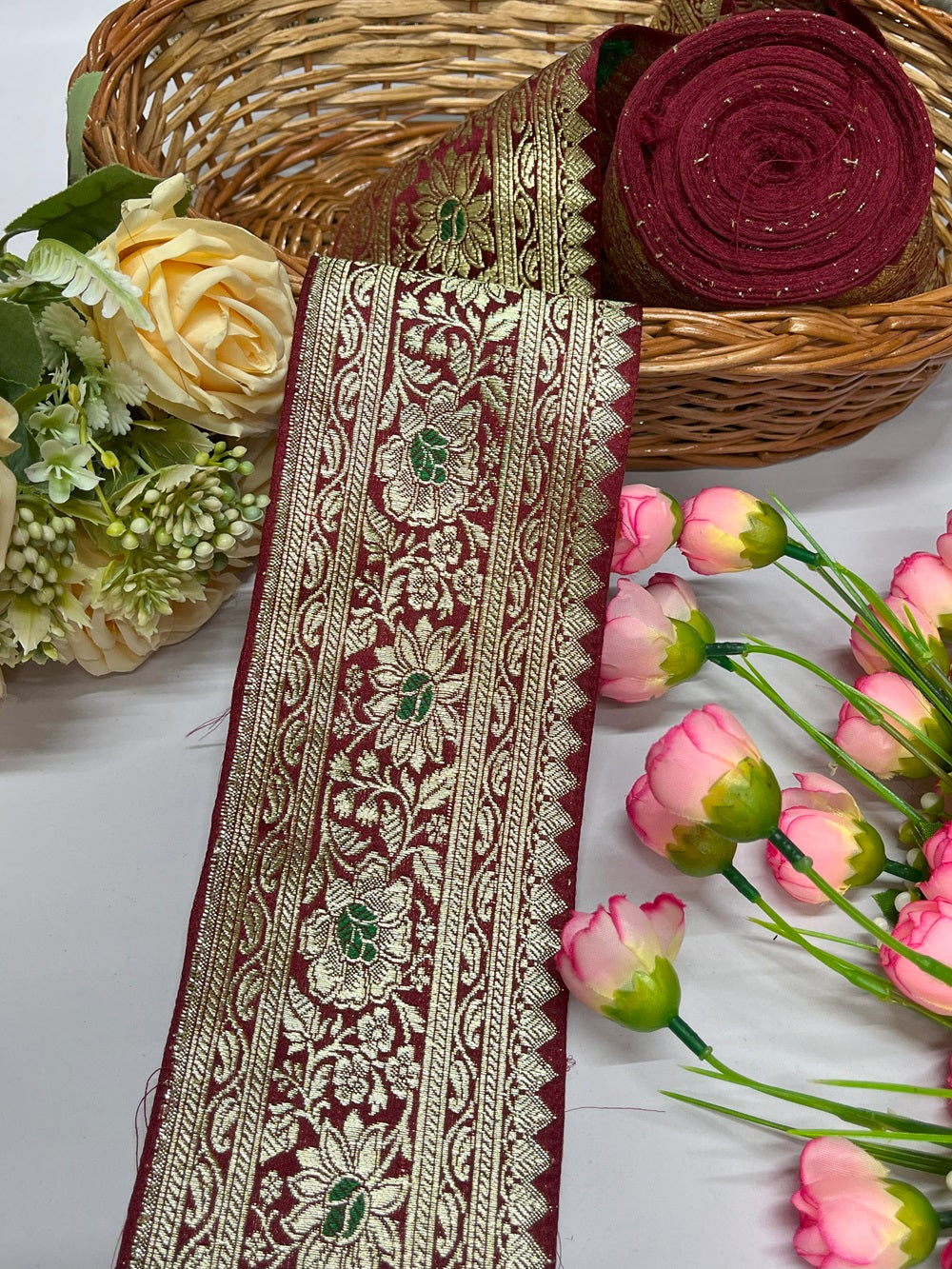 Original Flower Banarasi Border – 9 Meter, 3 Inch Width – Traditional Banarasi Lace, Maroon