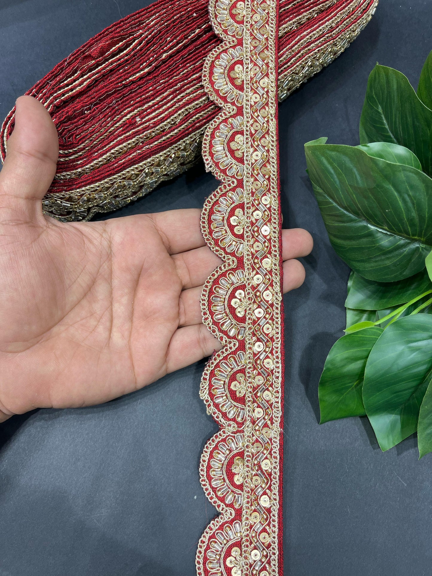 Cutdana Sequin Handmade Embroidered Lace – 9 Meters, 2-Inch Width | Maggam Work Lace | Maroon