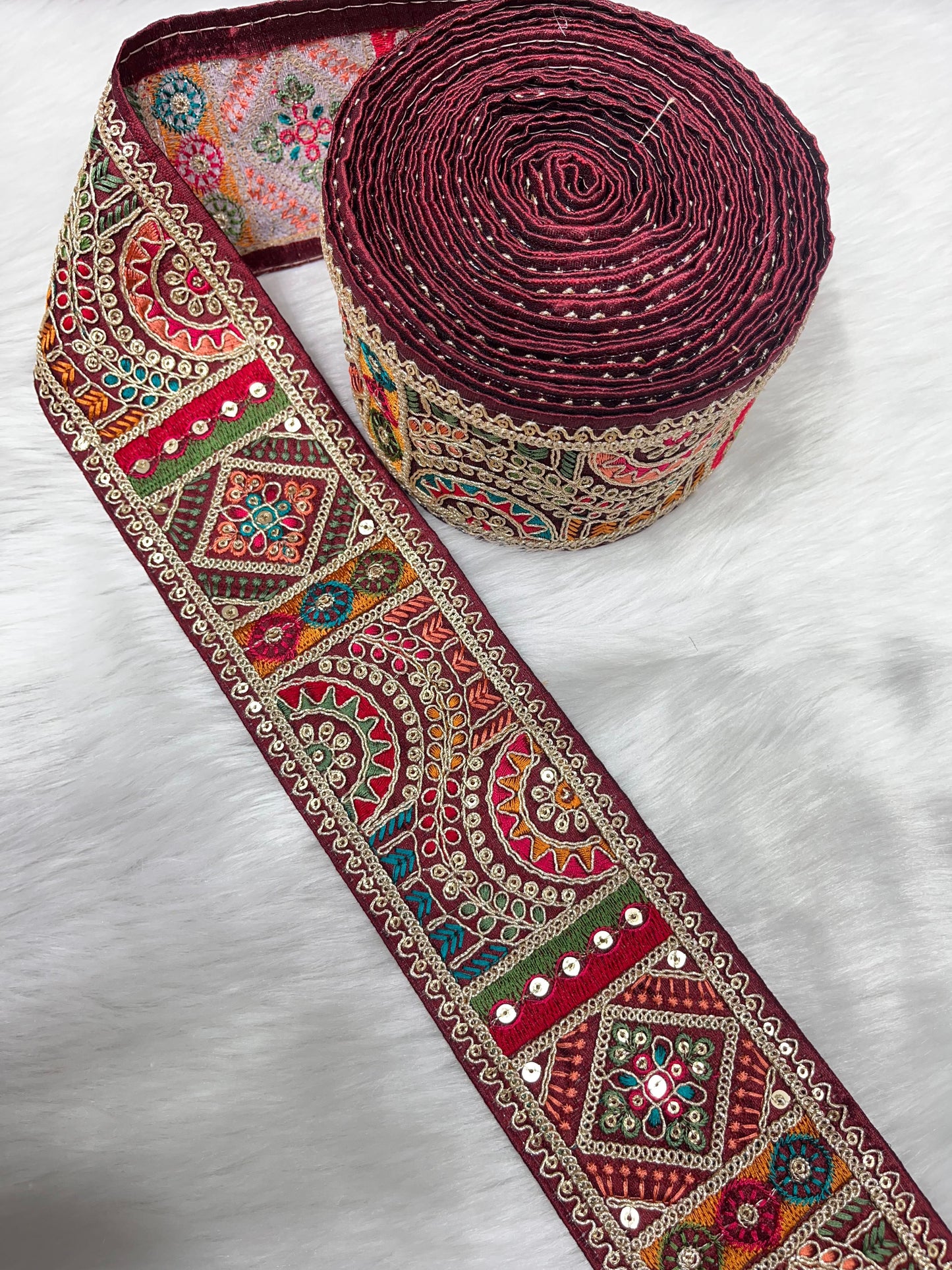 3 Inch Indian Saree Lace Border Embroidered Trim – Floral Decorative Ribbon for Art Quilts & Craft Projects (9 Meter) | Maroon