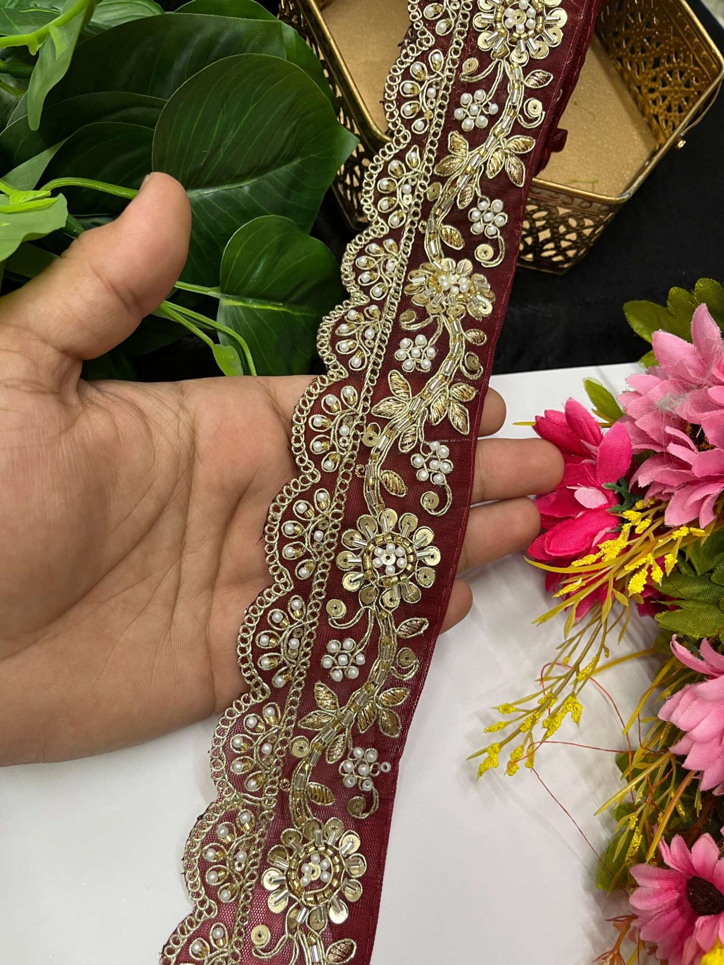 Gorgeous Embroidered Pearl & Cutdana Designer Lace – 9 Meters, 2.5-Inch Maggam Work Border for Sarees & Lehengas | Maroon
