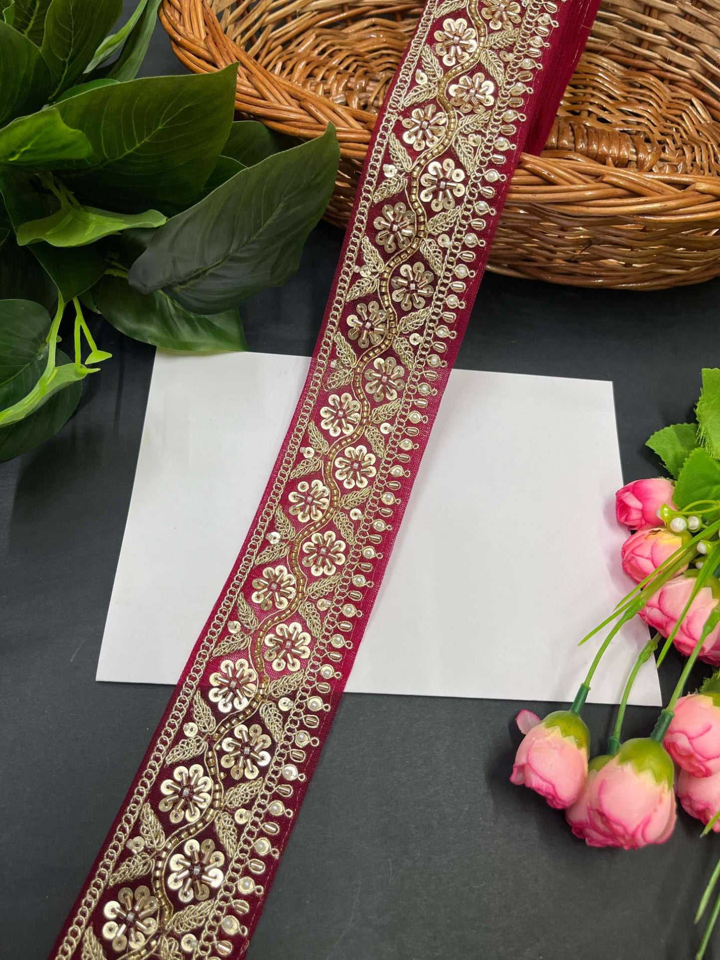 Katdana and Beaded Saree Lace – 9 Meters, 2.5-Inch Maggam Work Embroidered Border for Lehengas & Dupattas | Maroon
