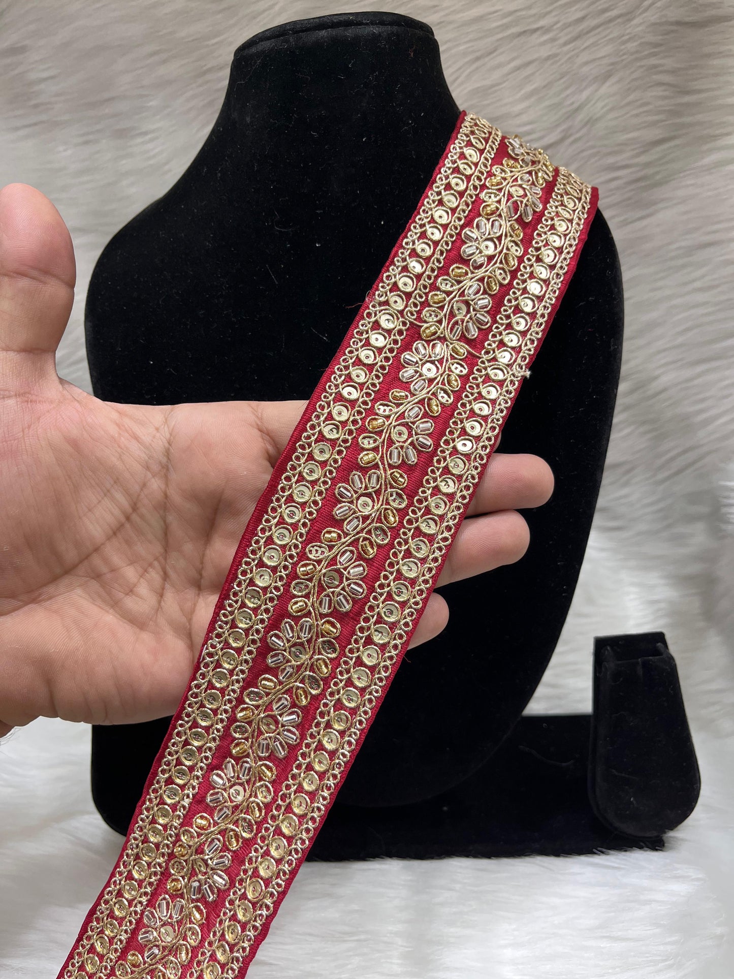 Maggam Work Lace for Saree and Dupatta | Katdana Handmade Lace – 9 Meters, 2-Inch Width | Maroon