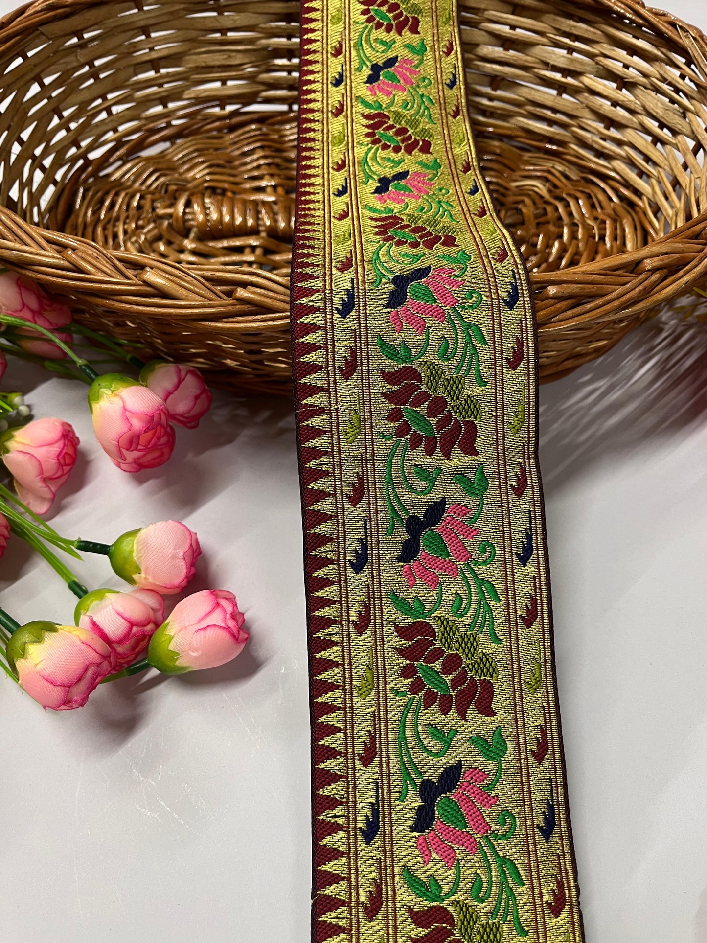 Flower & Leaf Banarasi Saree Lace | Banarasi Lace – 9 Meters, 3-Inch Width | Maroon
