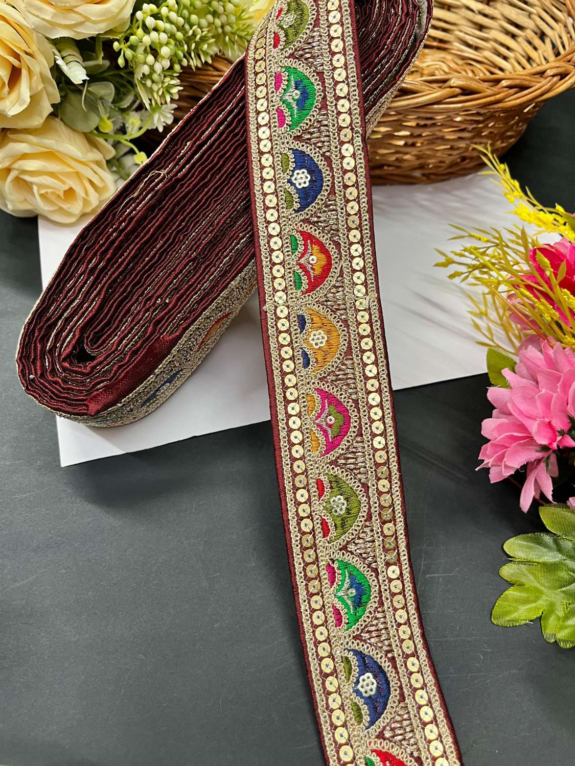 Sabyasachi Inspired Designer Saree Laces and Trims – Embroidered Border Lace (9 Meter Roll) | Maroon