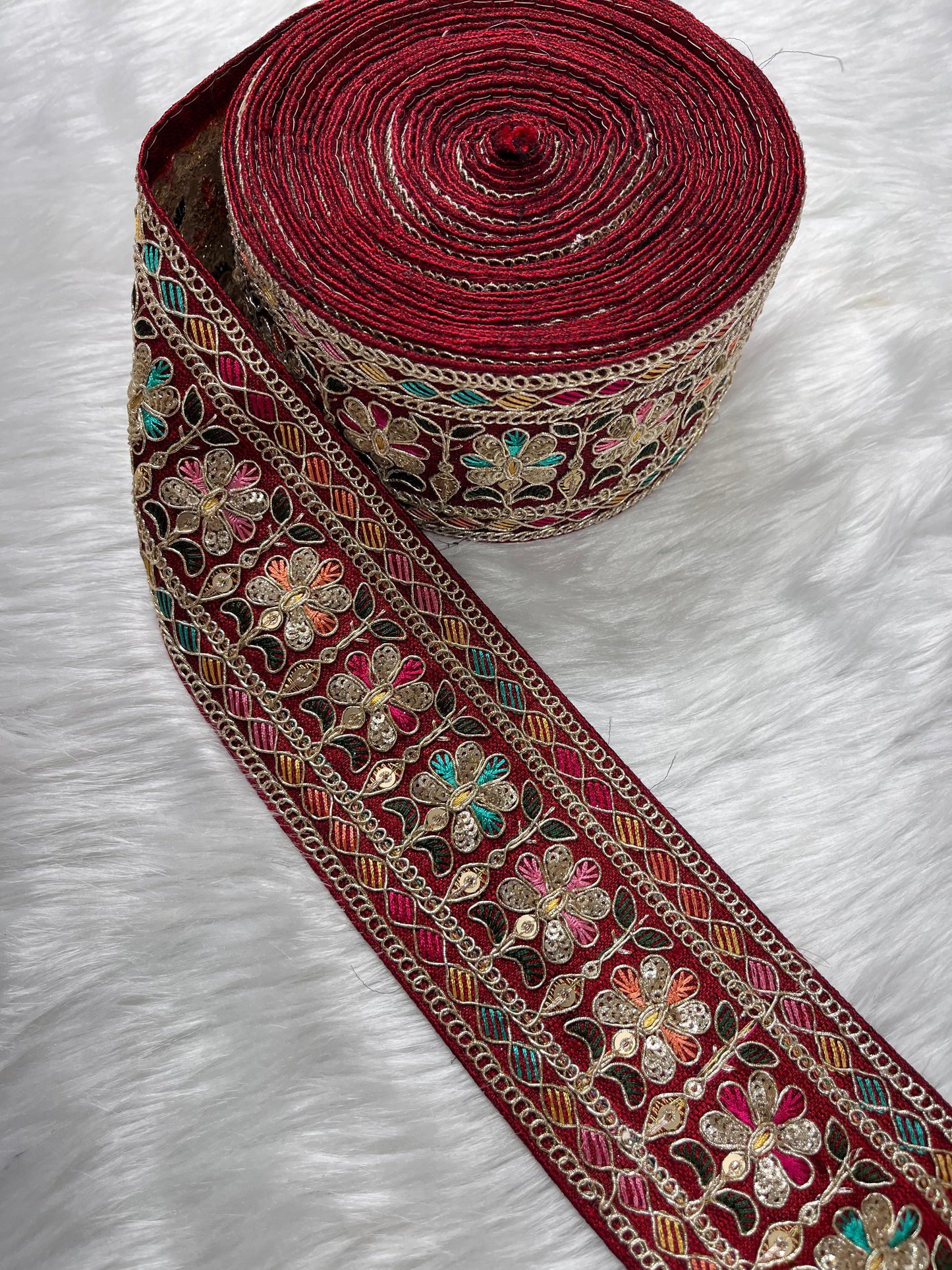 2.5 Inches Decorative Sequin Thread Embroidered Indian Mustard Sari Silk Dupatta Border Ribbon (9 Meter) | Maroon