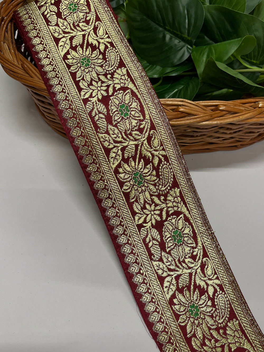 Flower Leaf Design Banarasi Border – 9 Meter, 3 Inch Width – Traditional Banarasi Lace, Maroon
